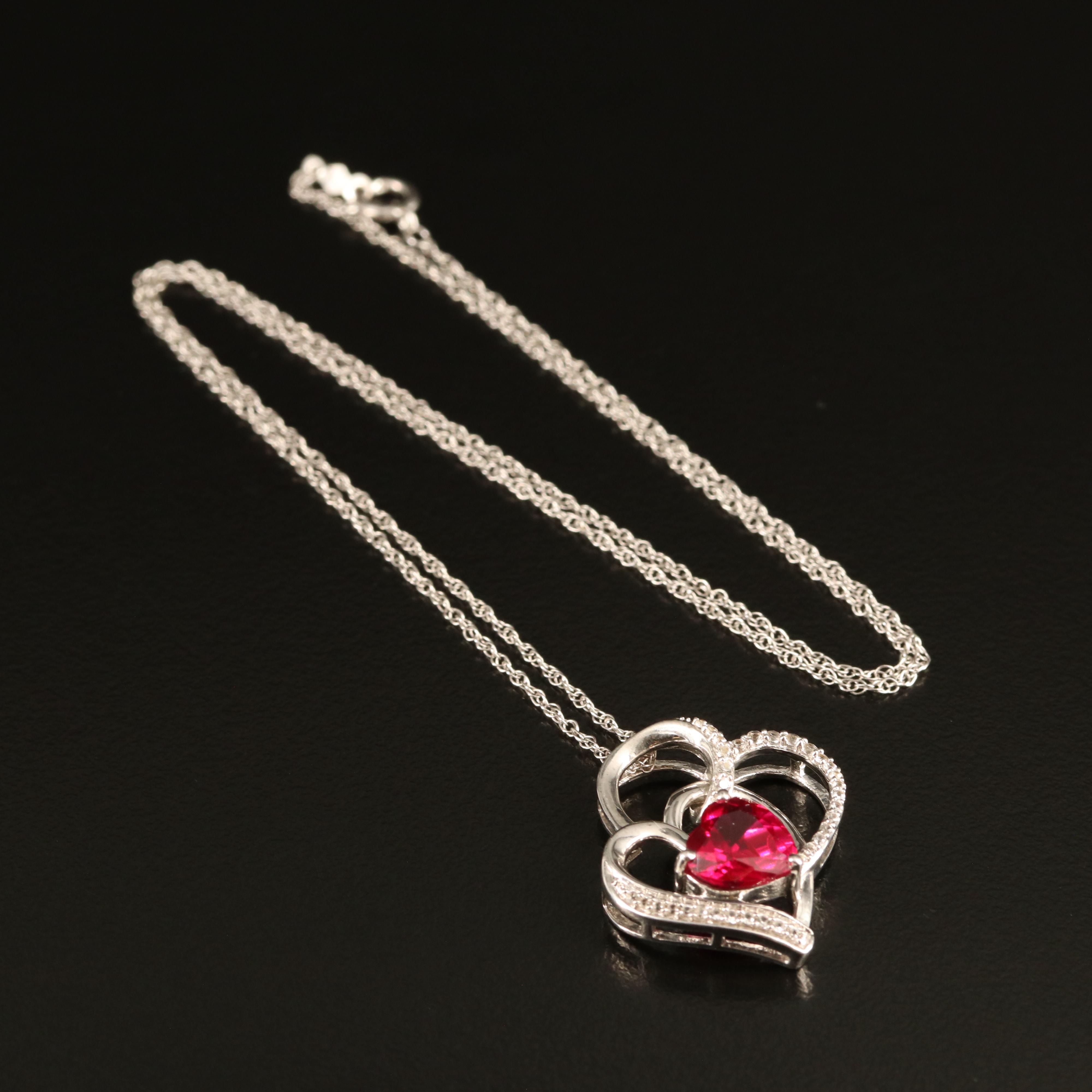 Sterling Ruby and White Sapphire Heart Pendant Necklace
