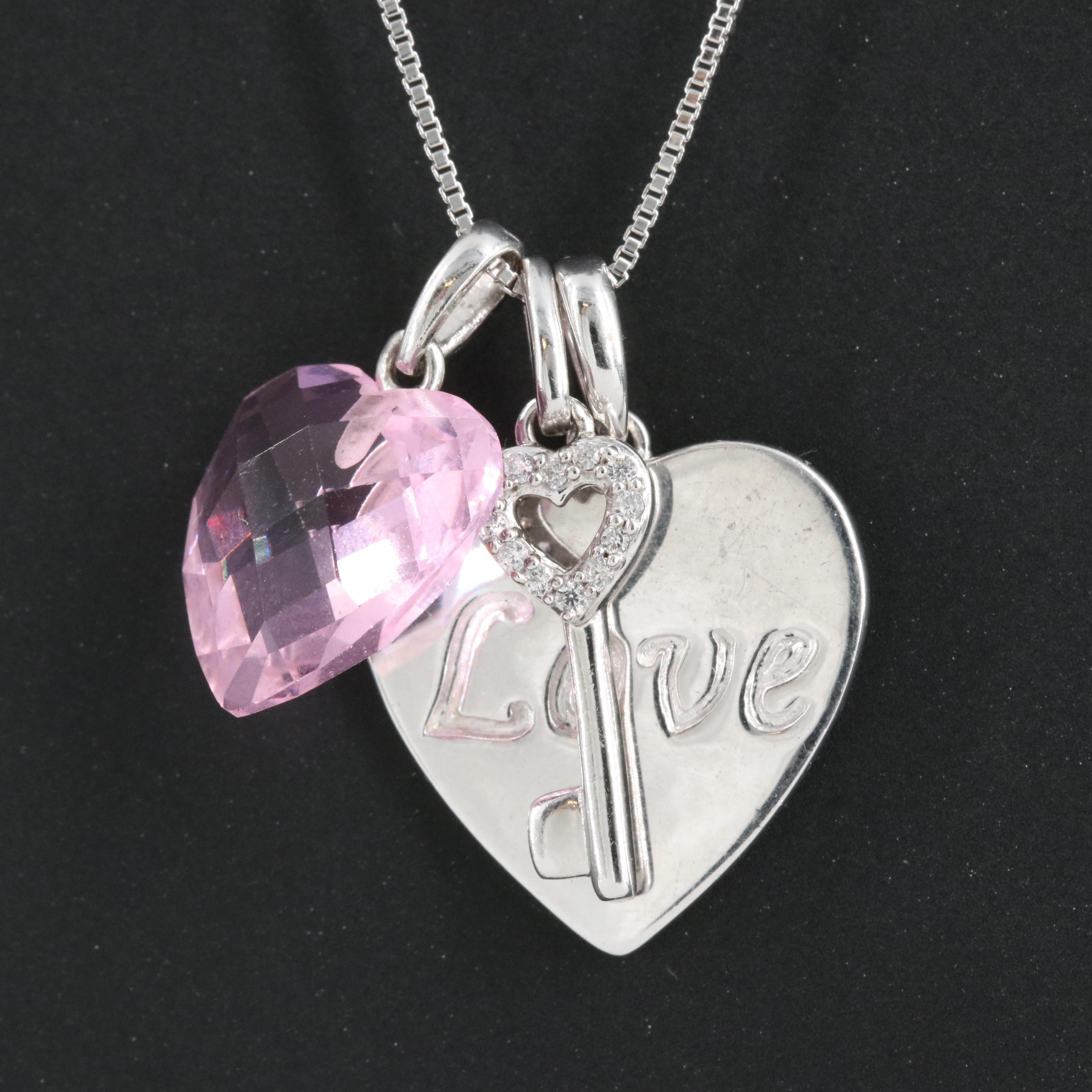 Sterling Cubic Zirconia Cross and Love Heart Pendant Necklace