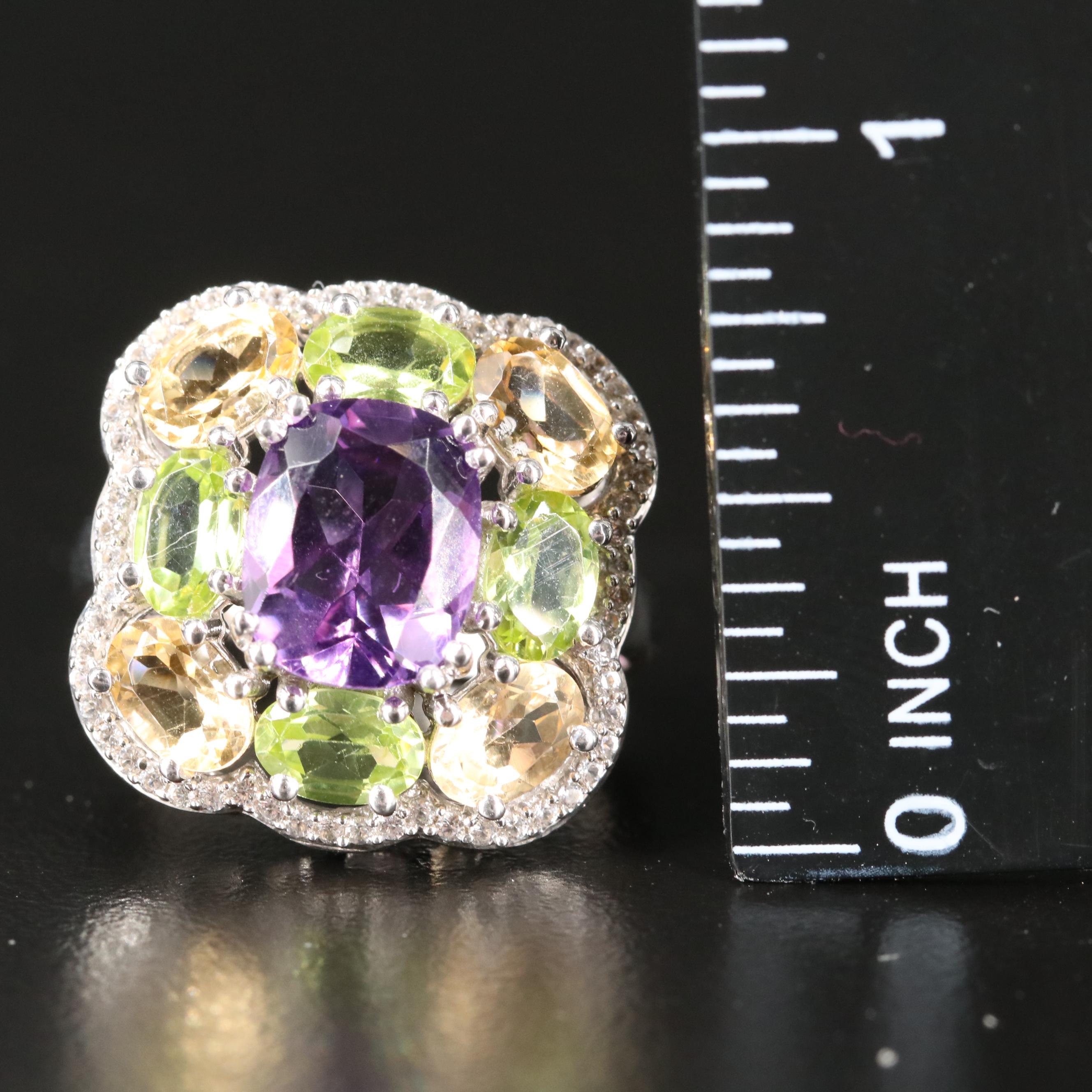 Sterling Amethyst, Peridot and White Sapphire Ring