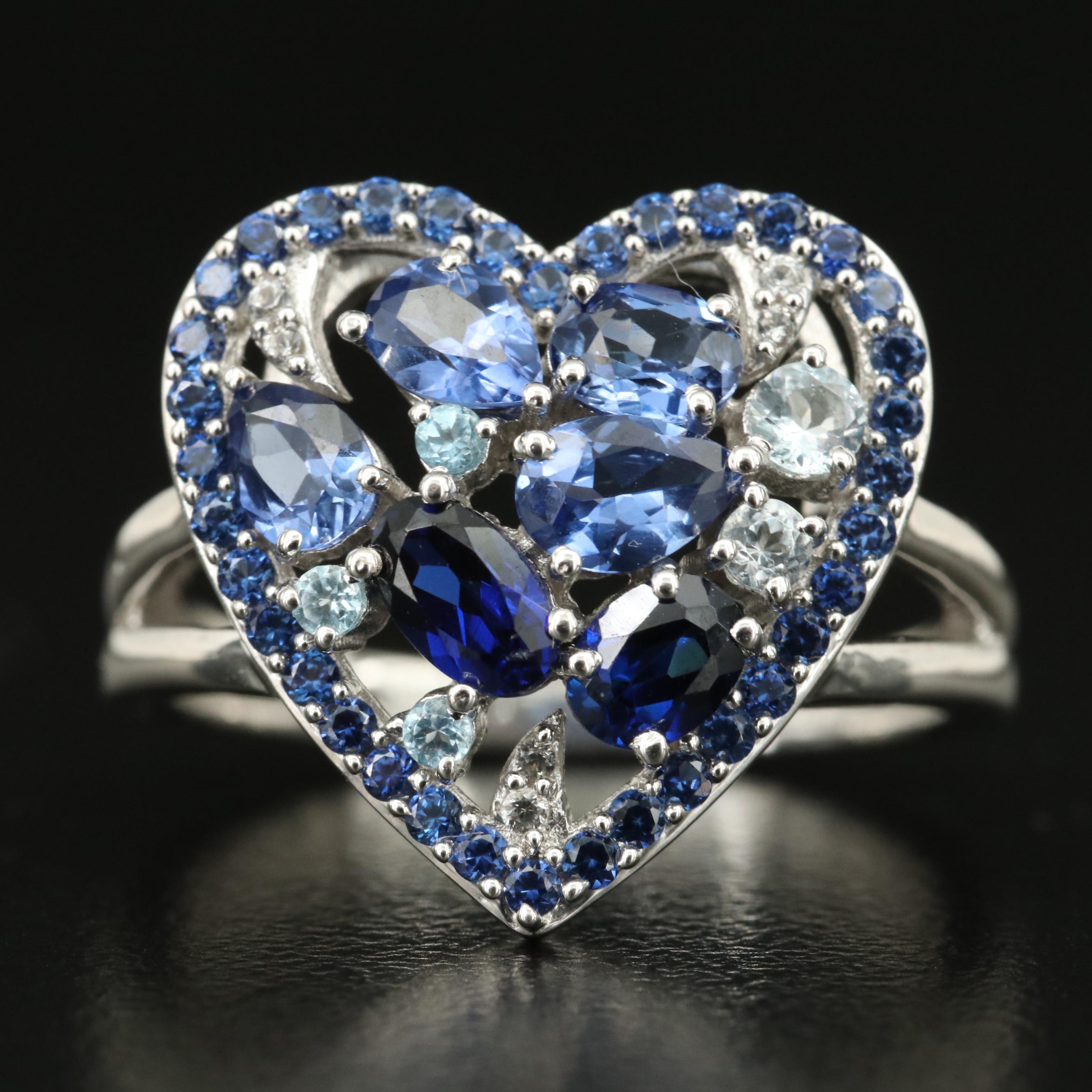 Sterling Sapphire, White Topaz and Topaz Heart Ring