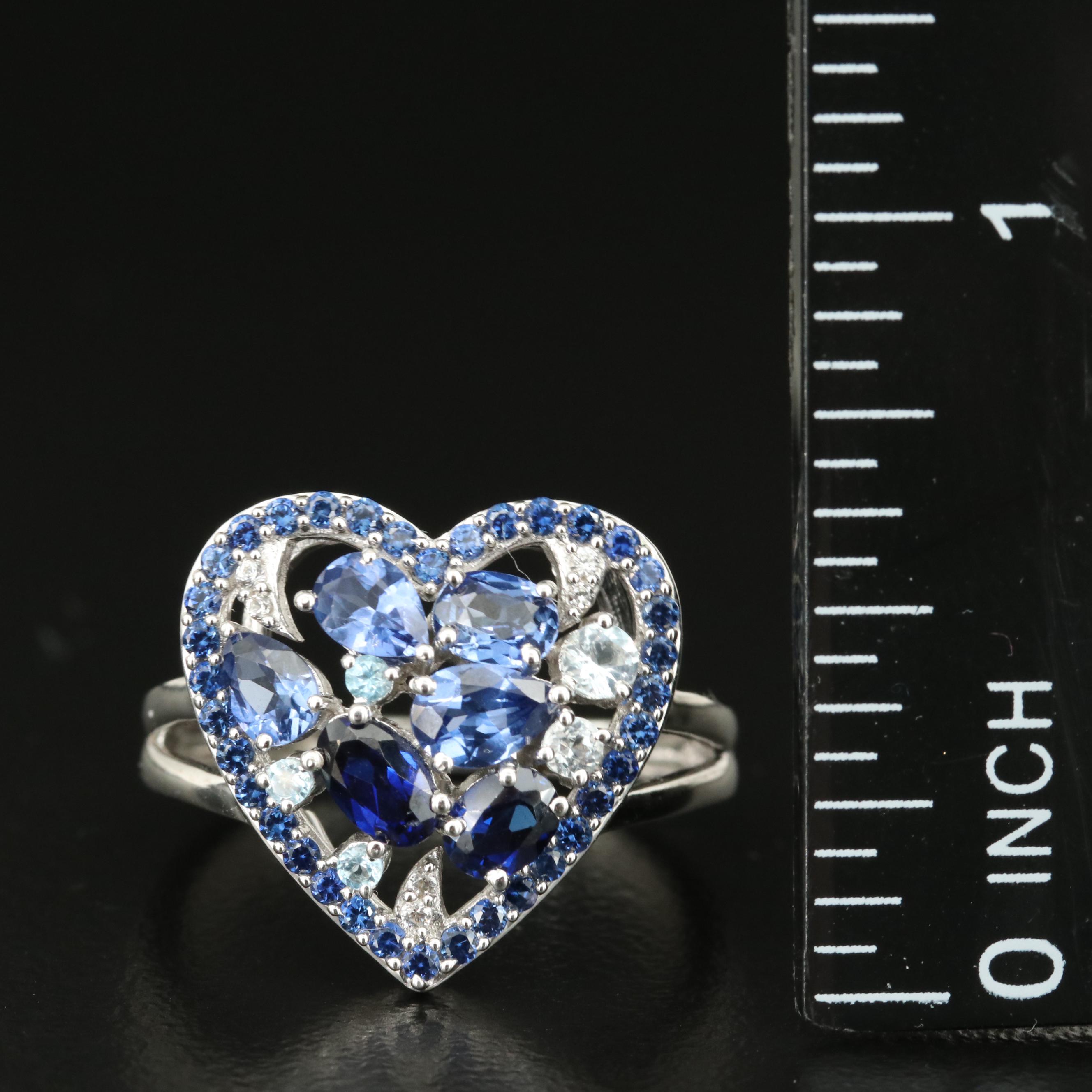 Sterling Sapphire, White Topaz and Topaz Heart Ring