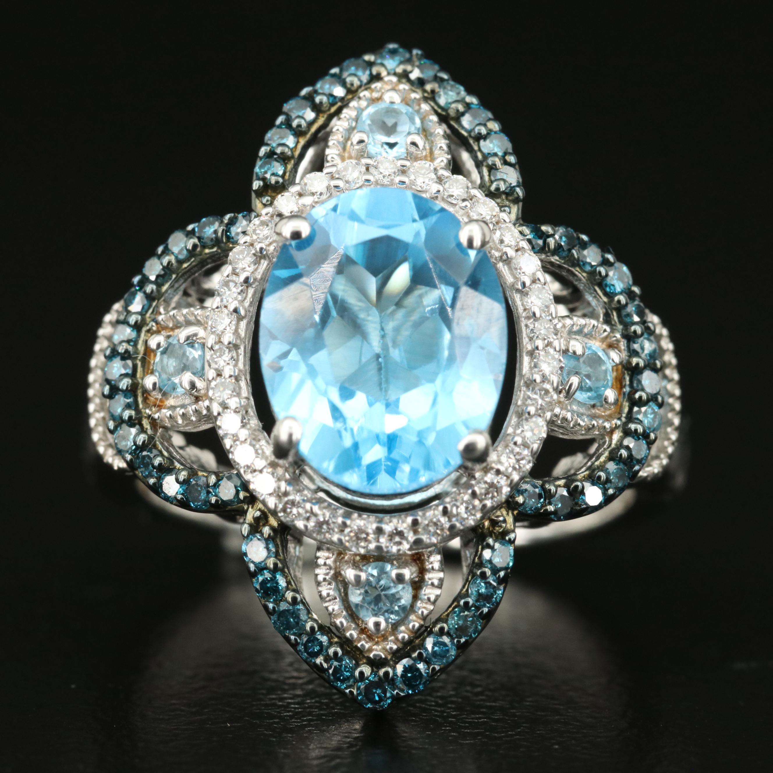 Sterling Swiss and Sky Blue Topaz Ring with Diamond Accents