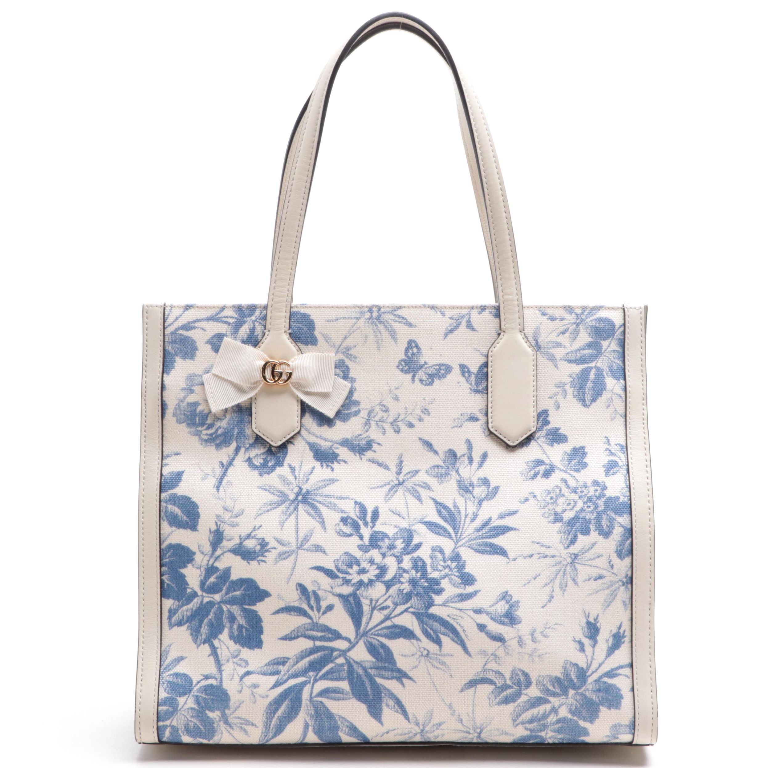 Gucci GG Ribbon Tote Bag in White Herbarium Canvas and Leather