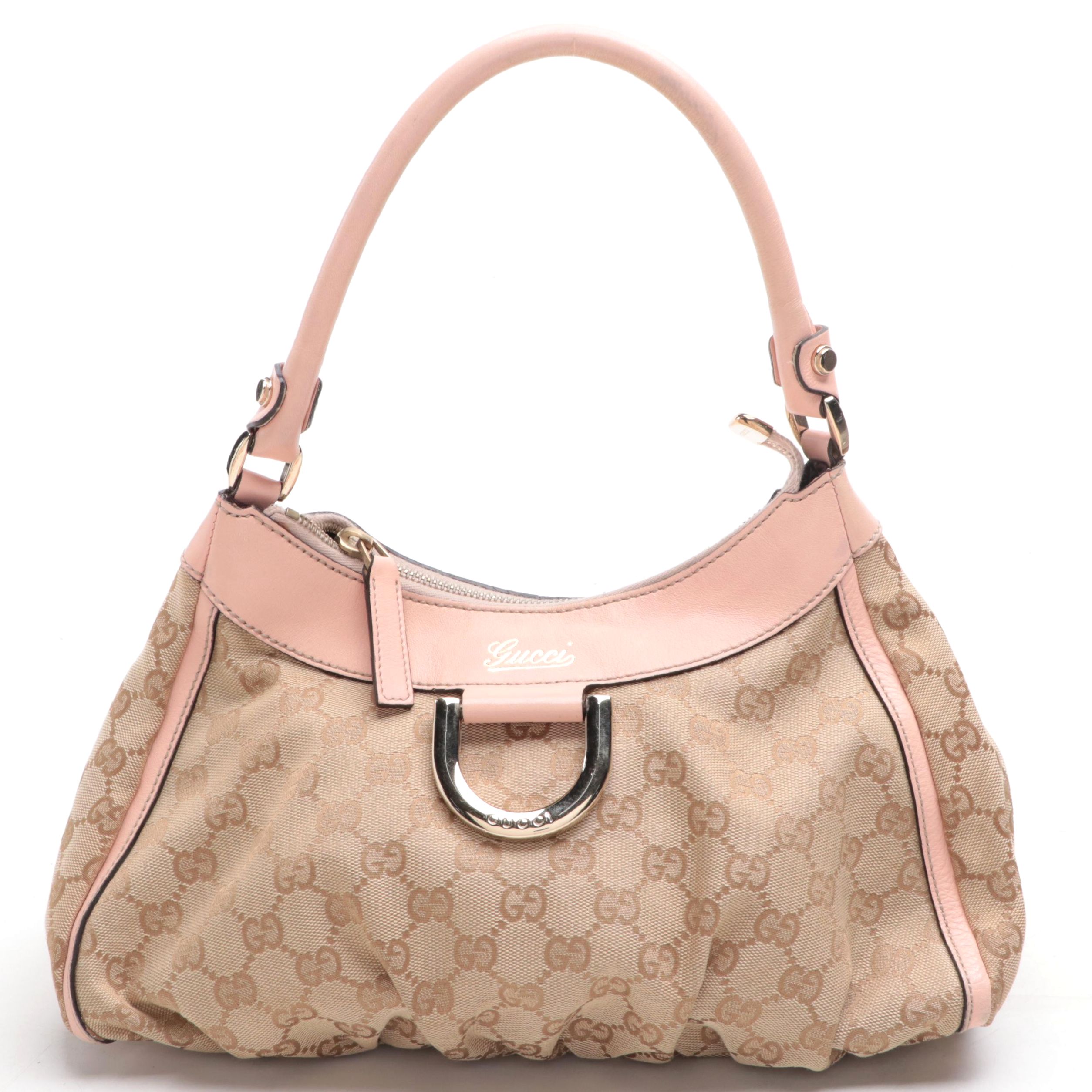Gucci Abbey D-Ring Small Hobo Bag in GG Canvas and Pink Leather Trim