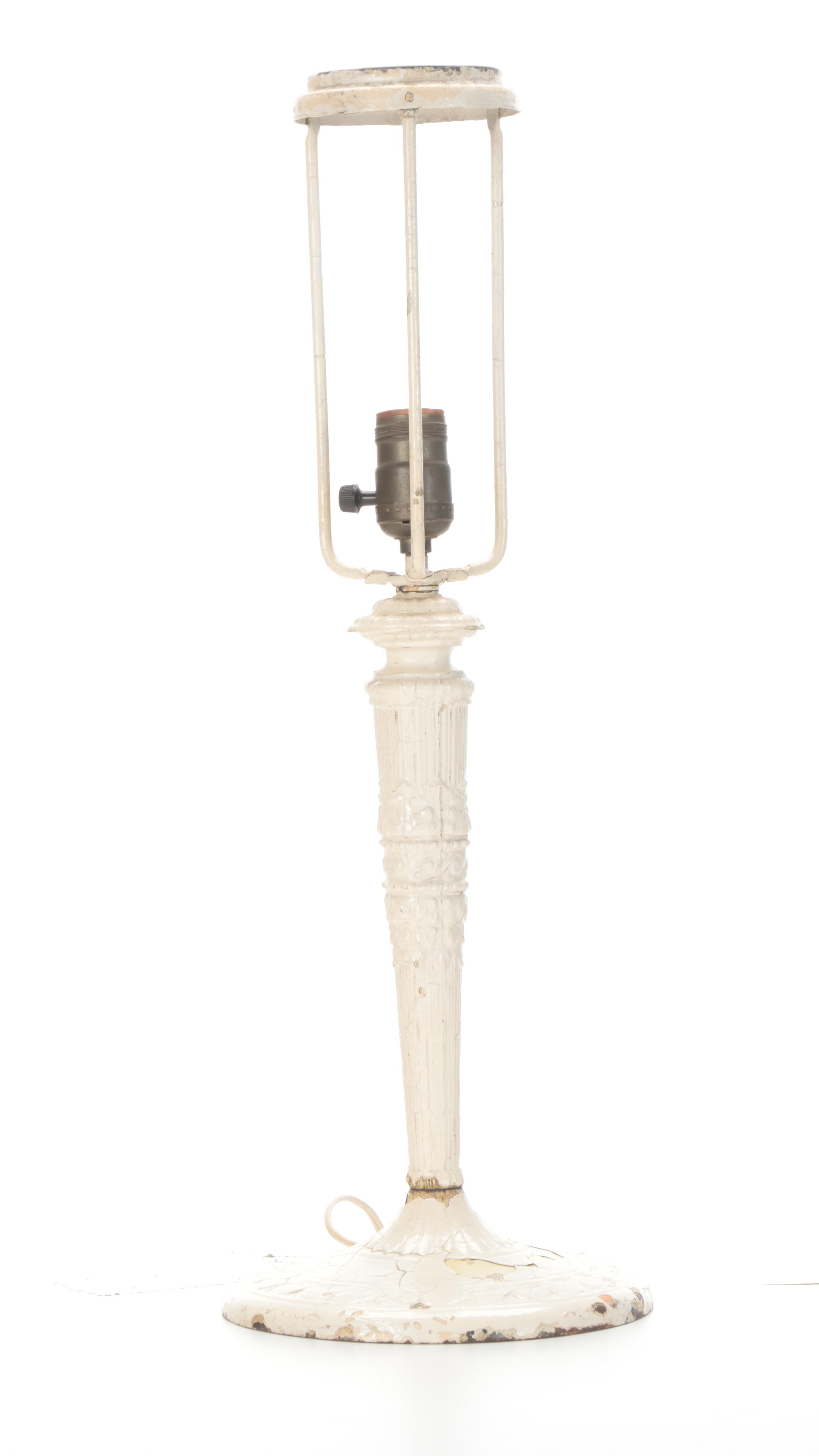 Miller White Enameled Spelter Lamp with Slag Glass Shade, Early 20th Century