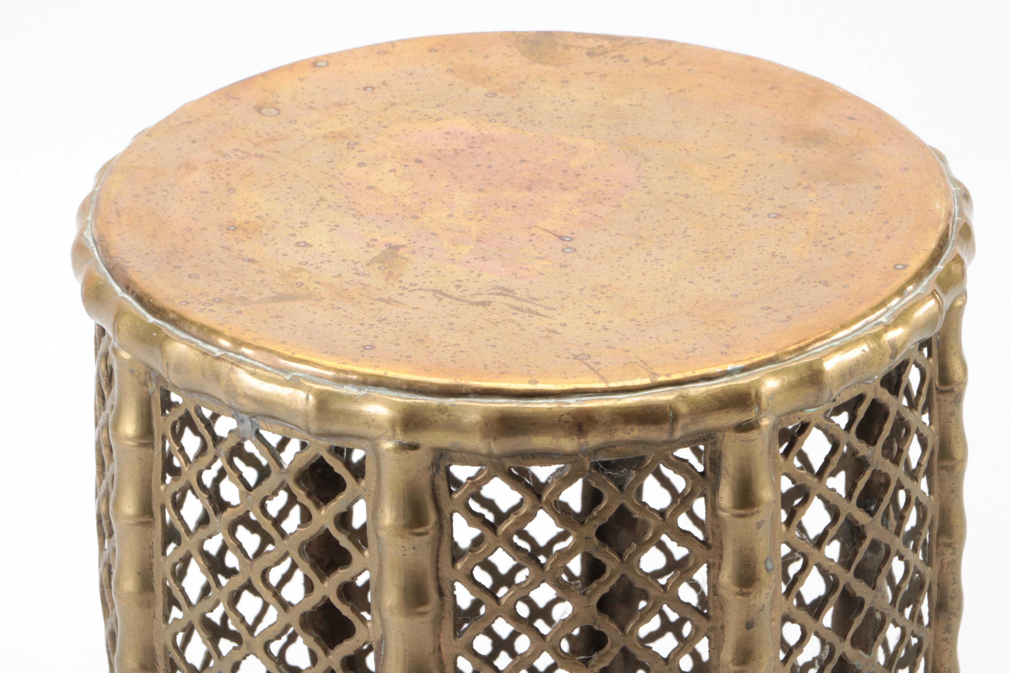 Moroccan Style Faux Bamboo and Fretwork Brass Tabouret