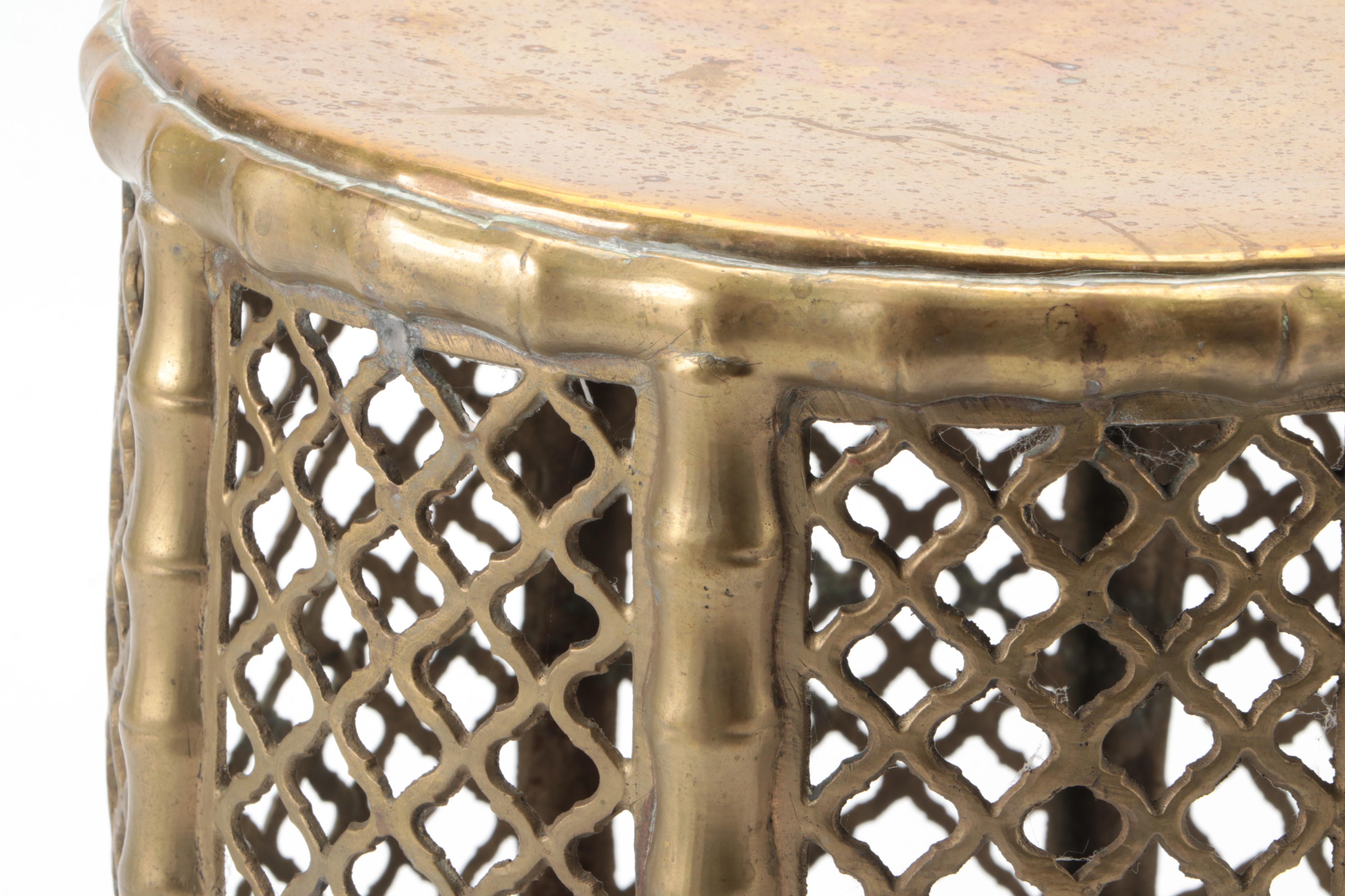 Moroccan Style Faux Bamboo and Fretwork Brass Tabouret