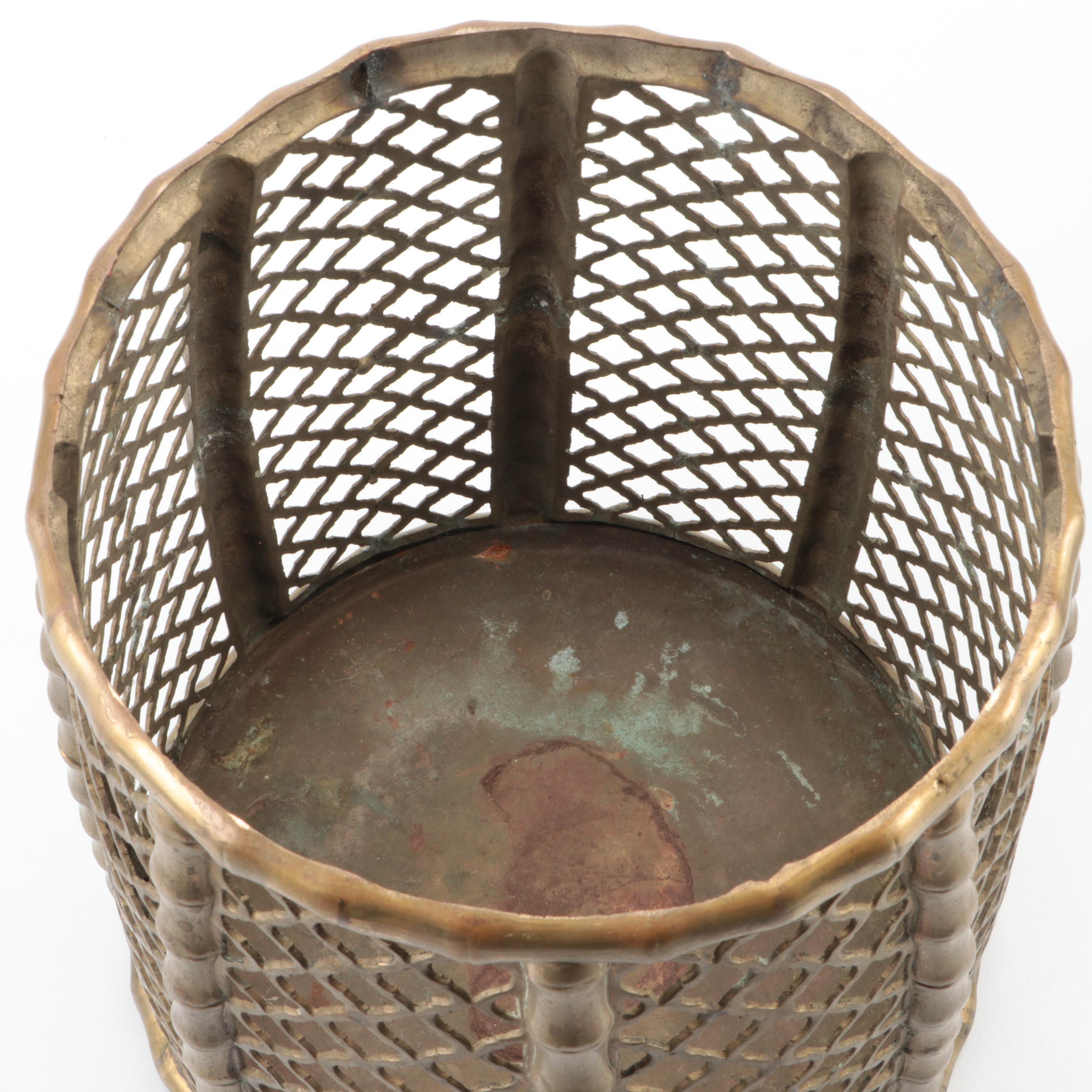 Moroccan Style Faux Bamboo and Fretwork Brass Tabouret