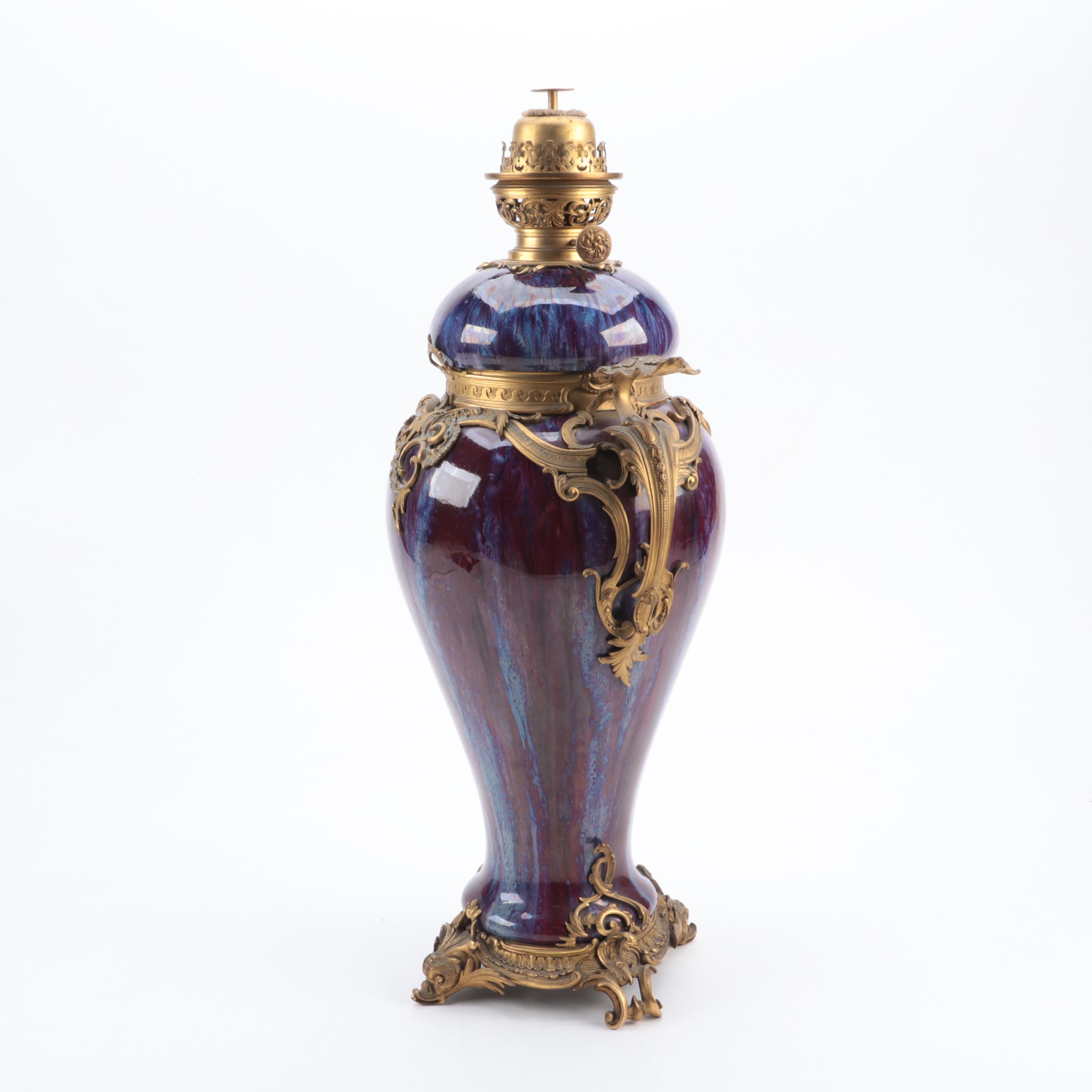 Louis XV Style Ormolu Mounted Chinese Flambe Glaze Oil Lamp