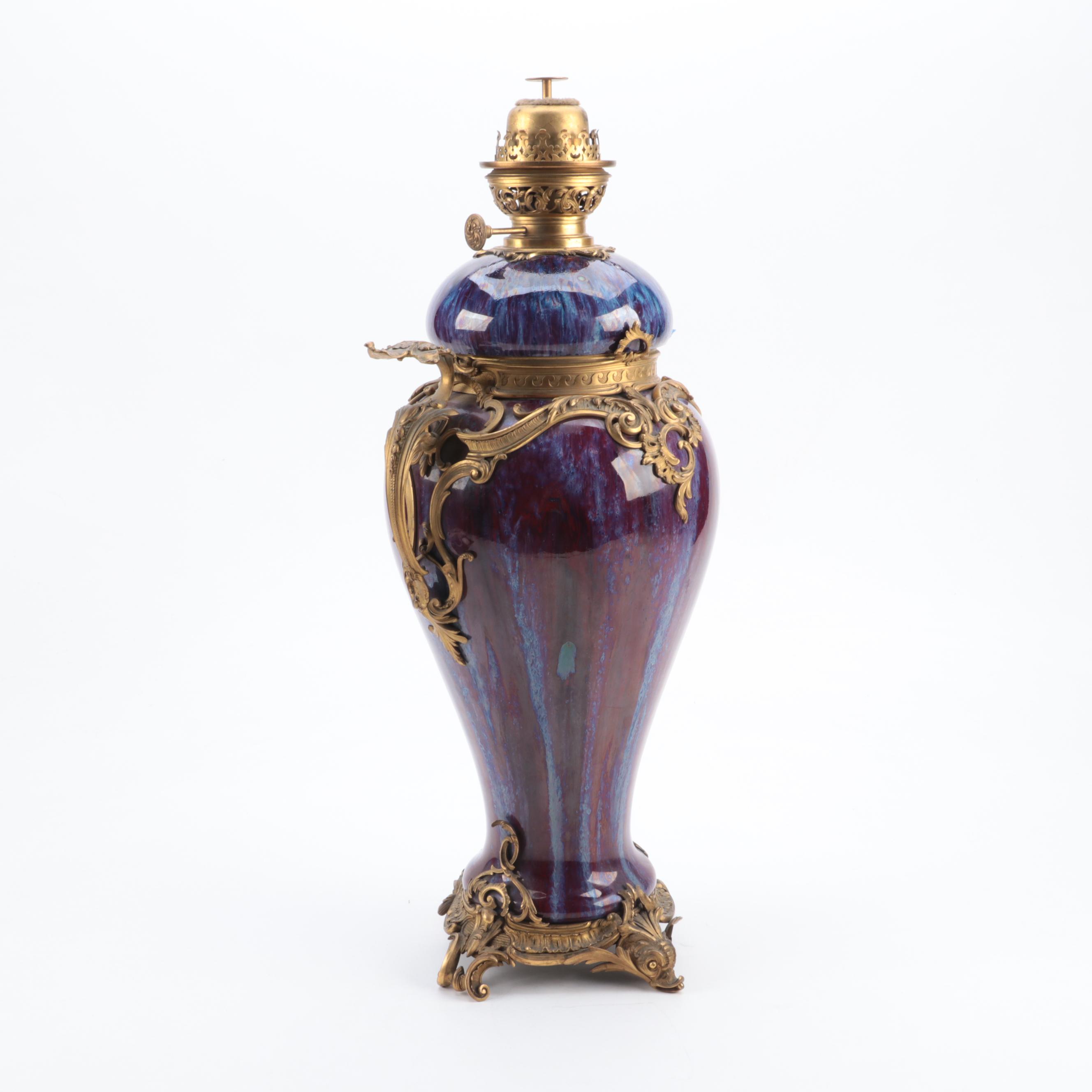 Louis XV Style Ormolu Mounted Chinese Flambe Glaze Oil Lamp
