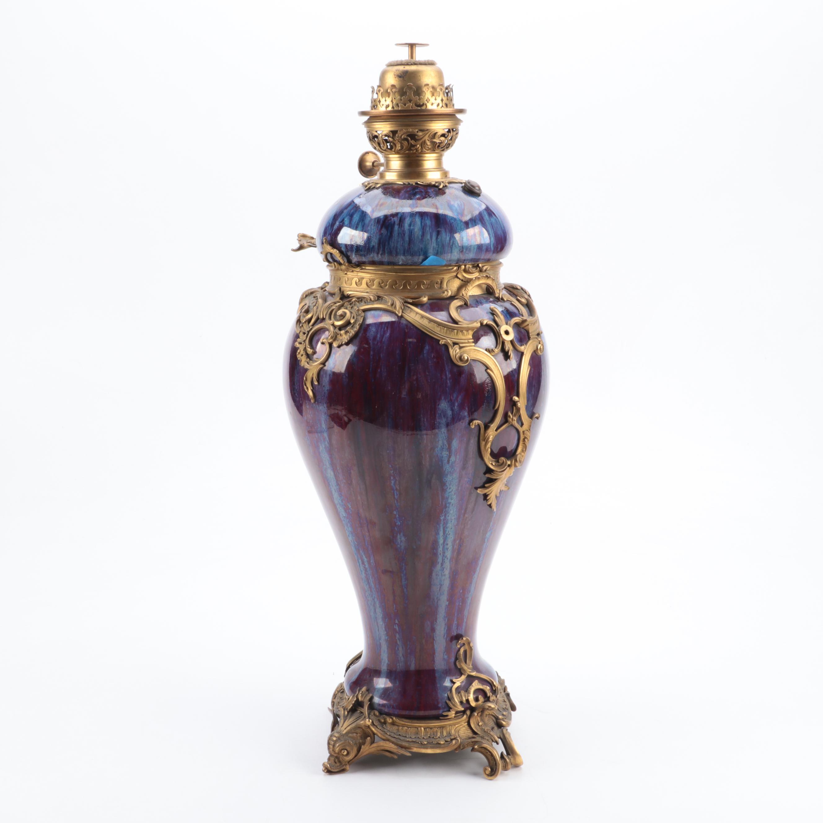 Louis XV Style Ormolu Mounted Chinese Flambe Glaze Oil Lamp