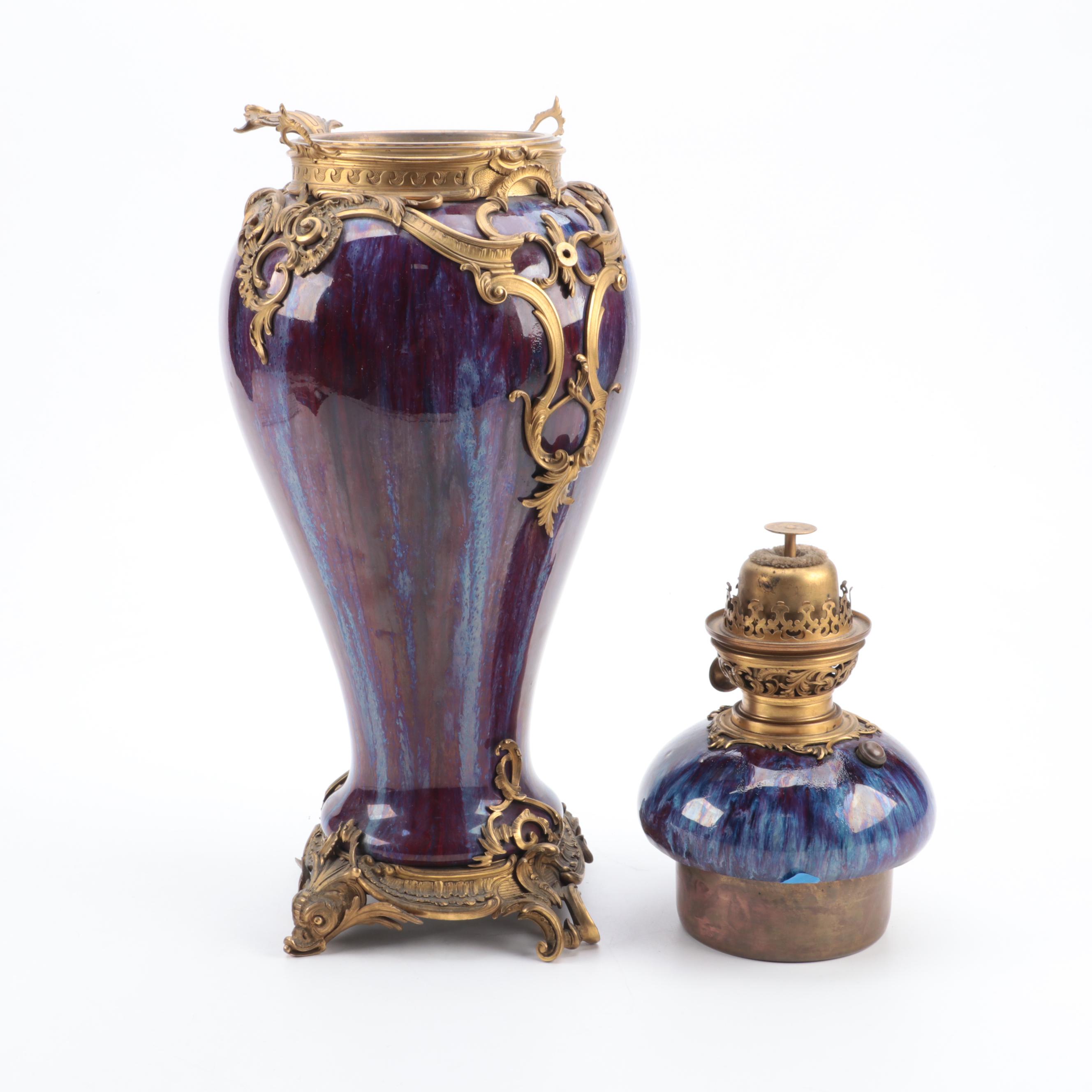 Louis XV Style Ormolu Mounted Chinese Flambe Glaze Oil Lamp