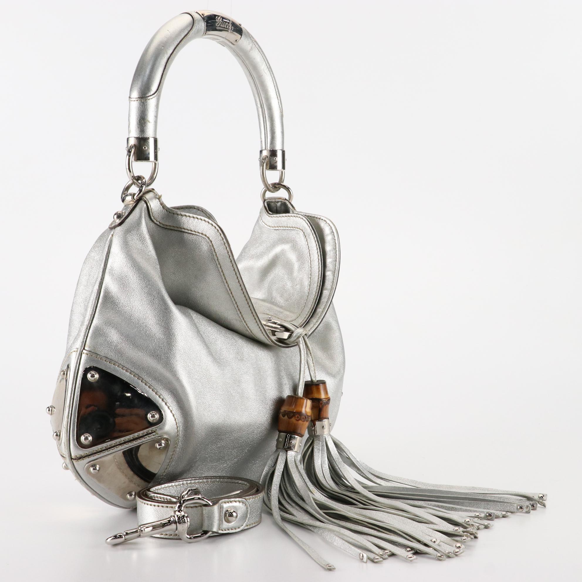 Gucci  Babouska Indy Two-Way Bag in Silver Metallic Leather with Bamboo Tassels