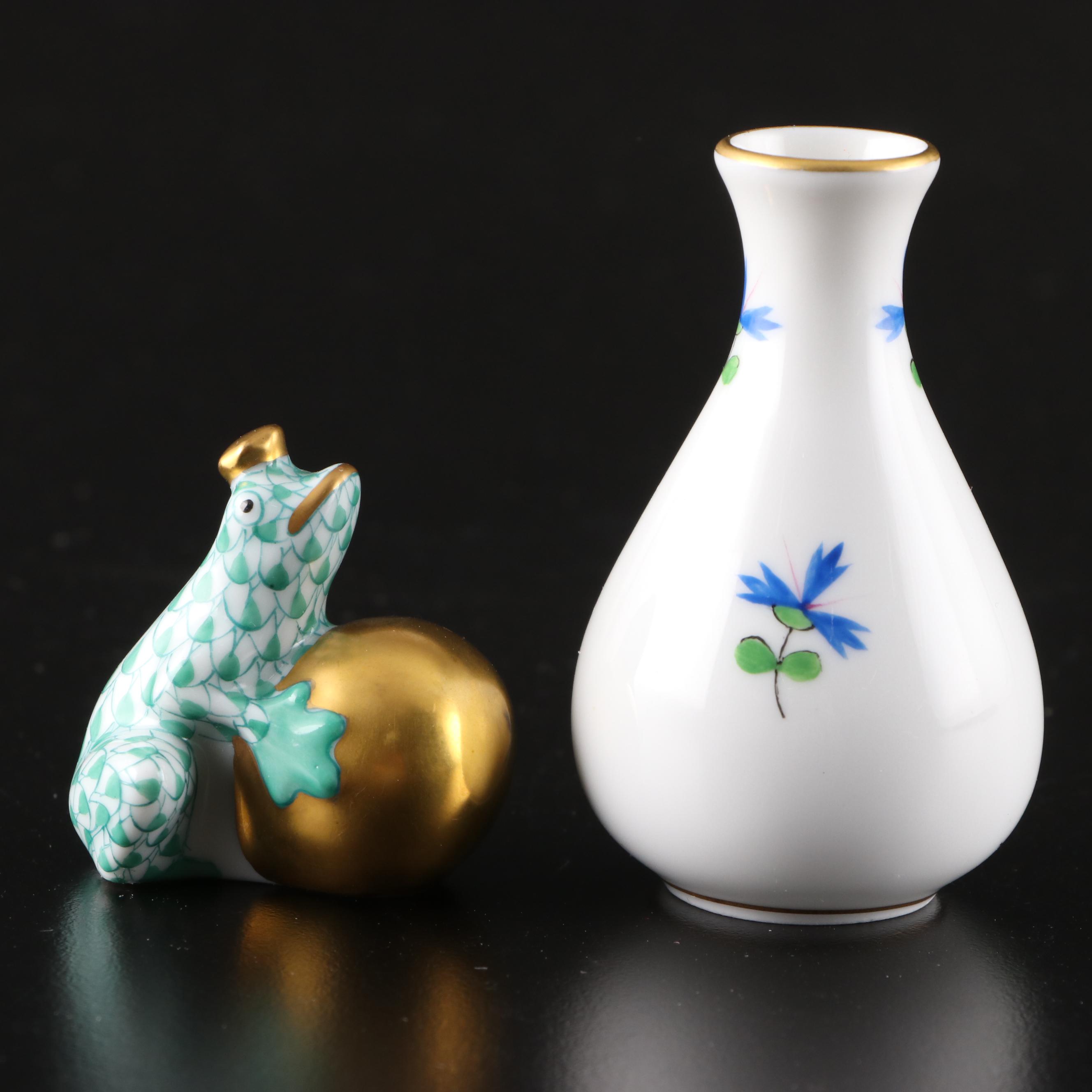 Herend Green Fishnet "Frog Prince" Figurine and "Blue Garland" Bud Vase