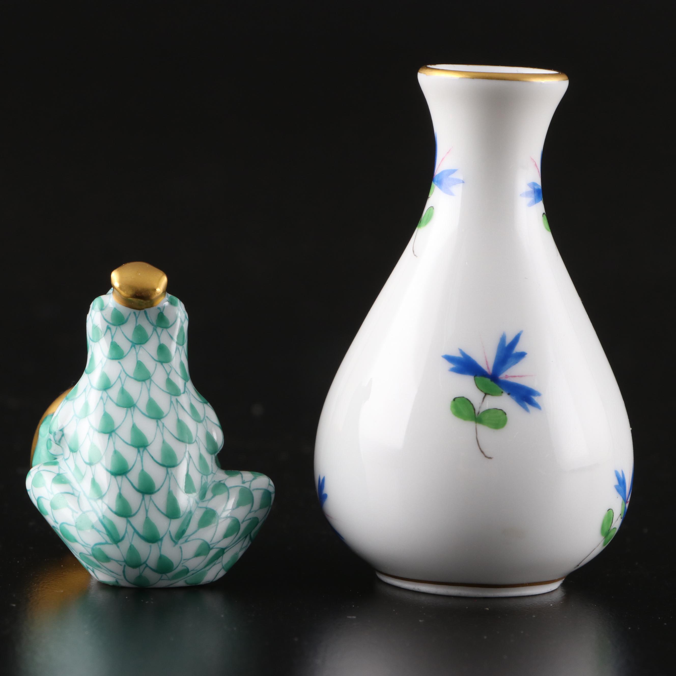 Herend Green Fishnet "Frog Prince" Figurine and "Blue Garland" Bud Vase