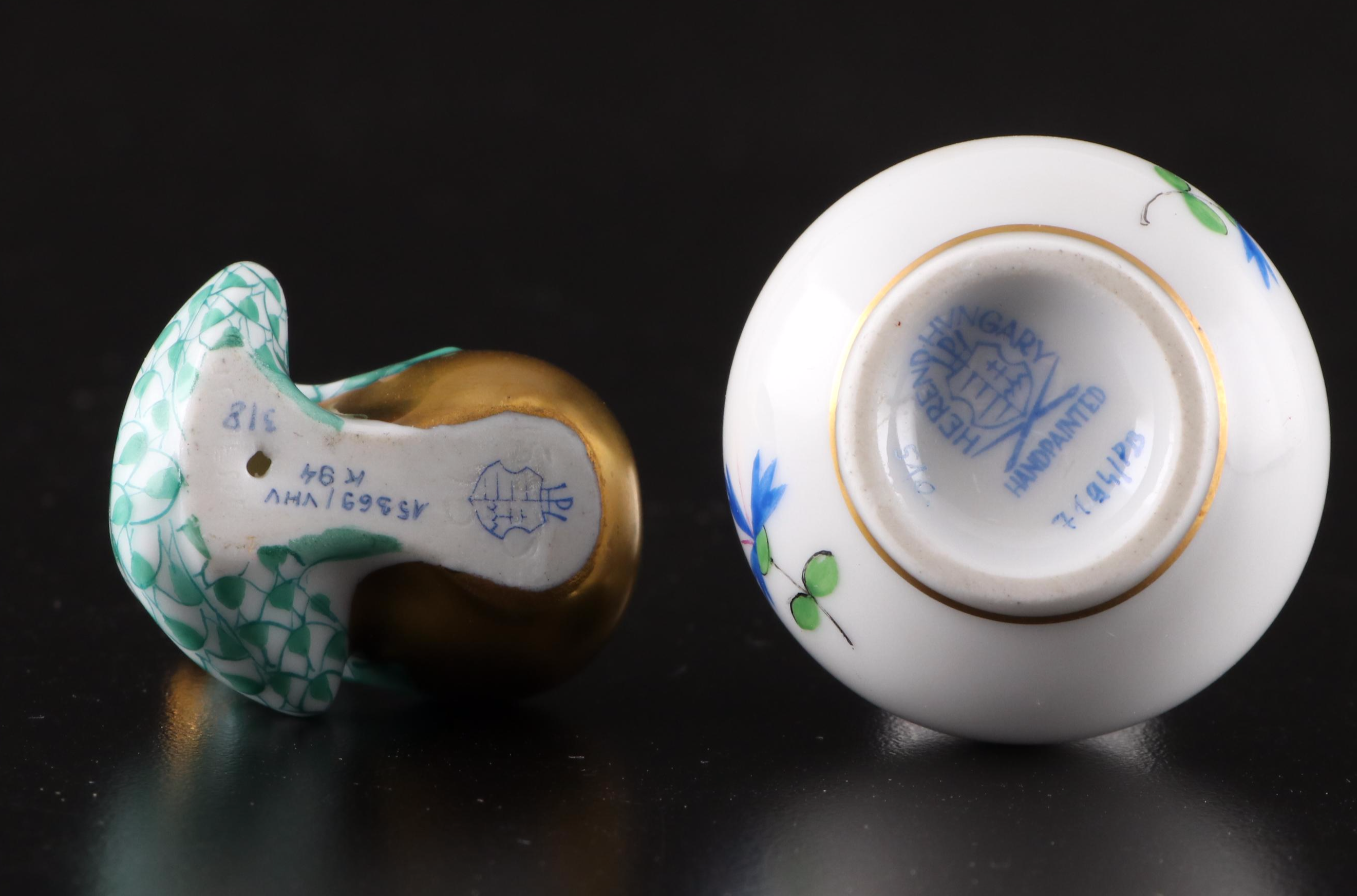 Herend Green Fishnet "Frog Prince" Figurine and "Blue Garland" Bud Vase