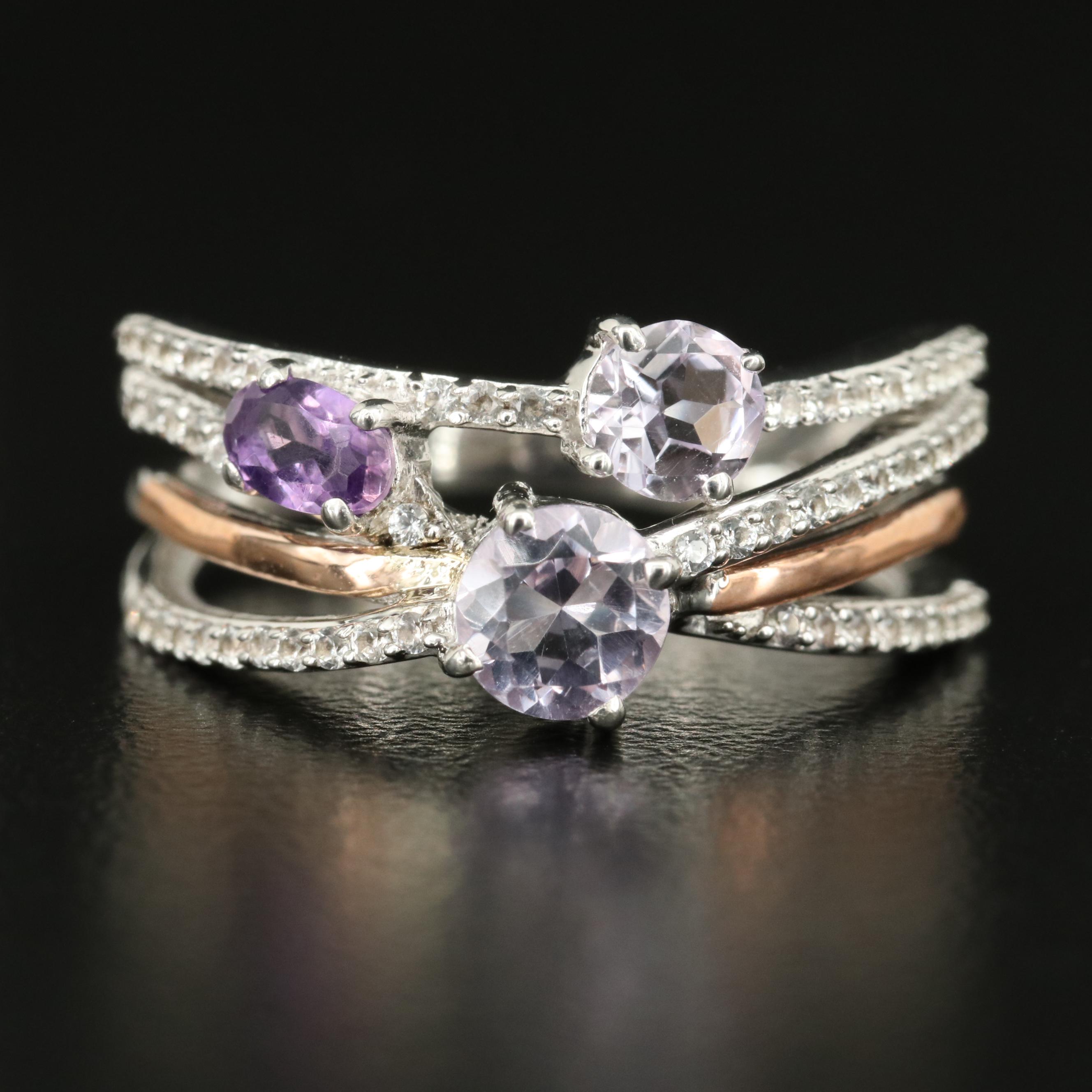 Sterling Amethyst and White Sapphire Crossover Ring with 10K Rose Gold Accents