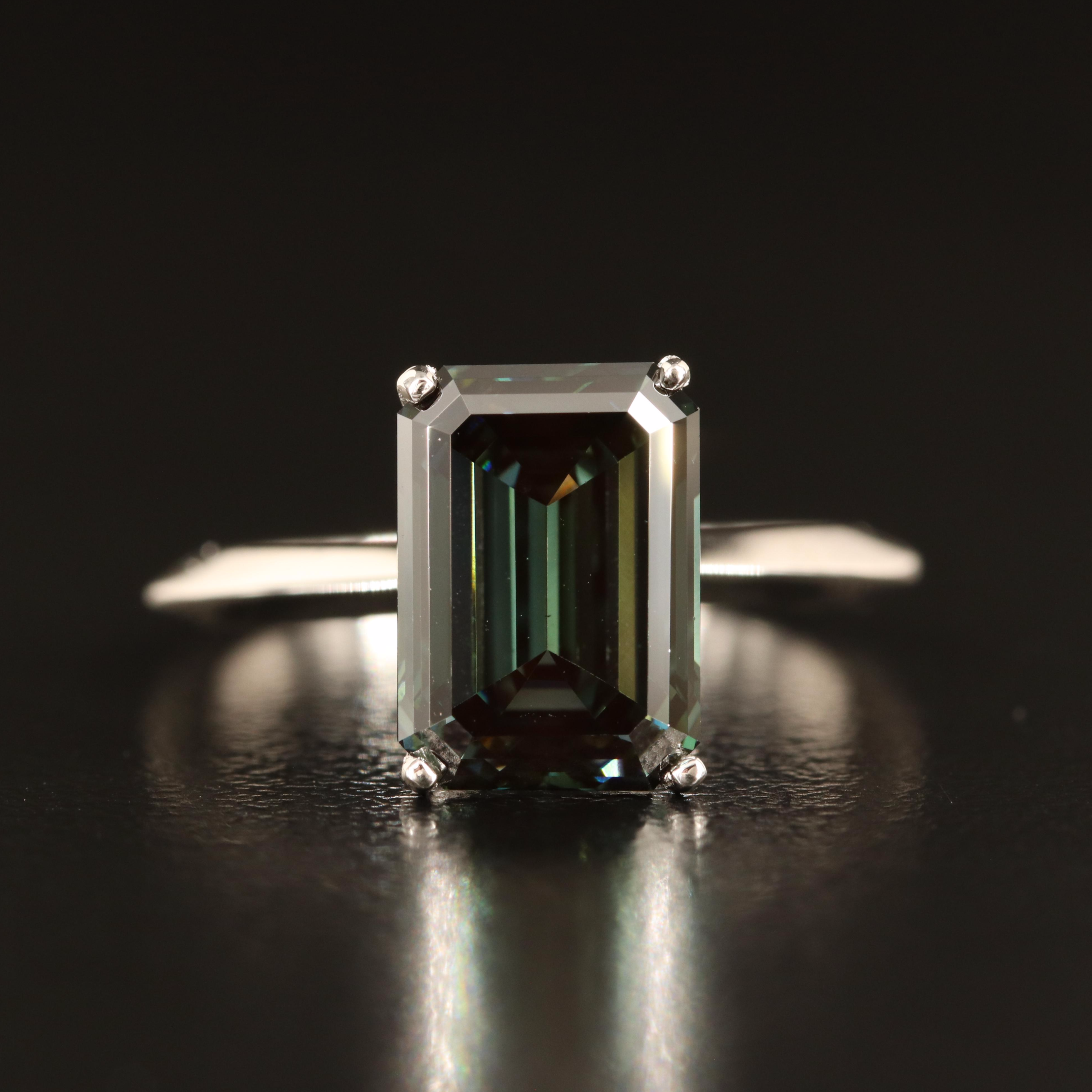 14K 2.38 CT Fancy Dark Green Diamond Solitaire Ring with Knife-Edge Shoulders