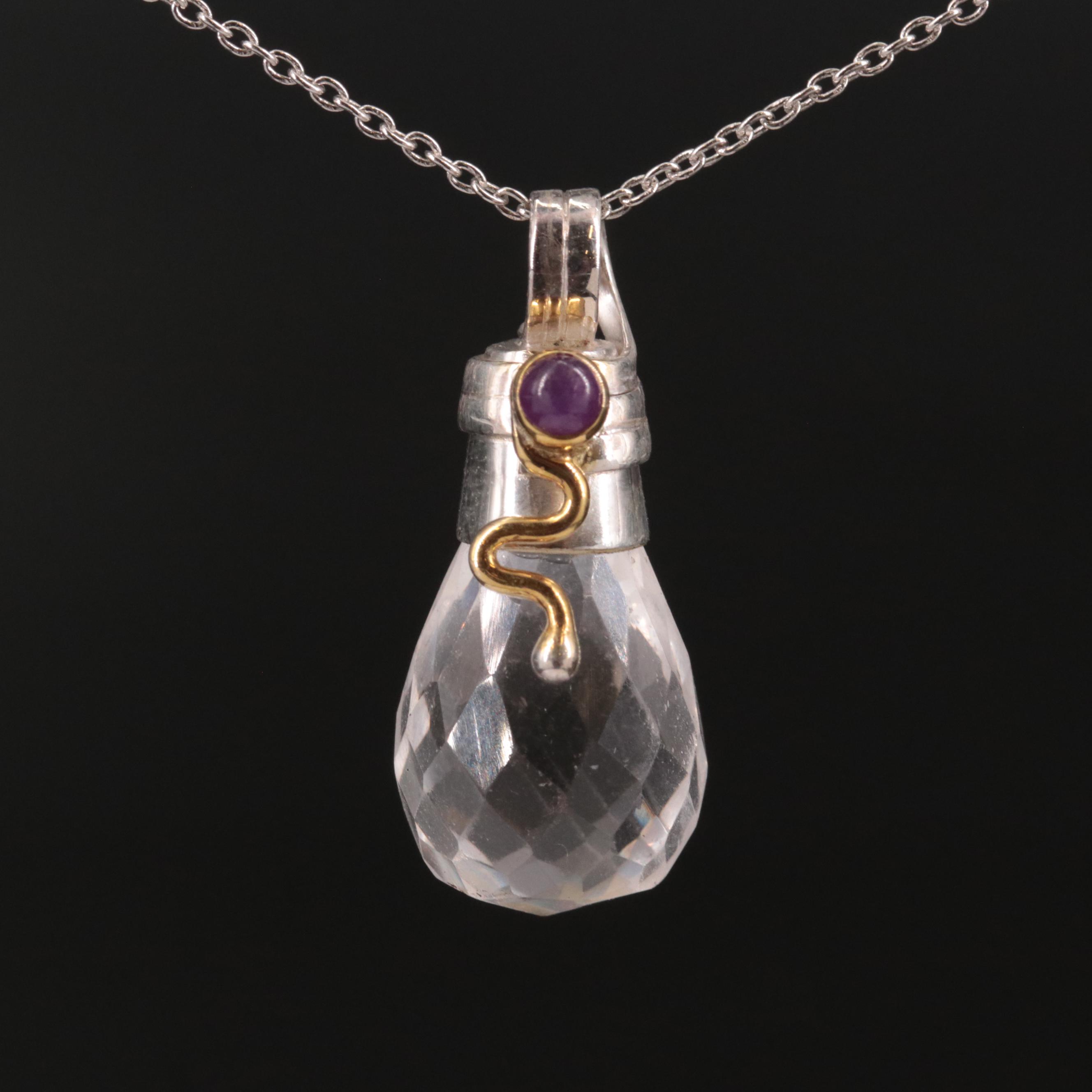 Sterling Rock Crystal Quartz and Ruby Pendant Necklace