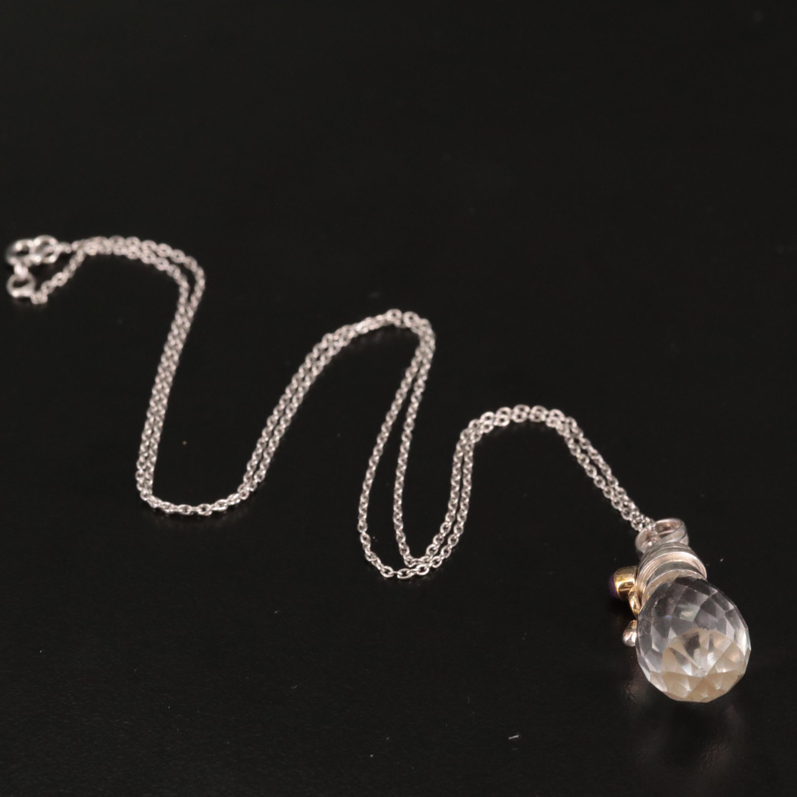 Sterling Rock Crystal Quartz and Ruby Pendant Necklace
