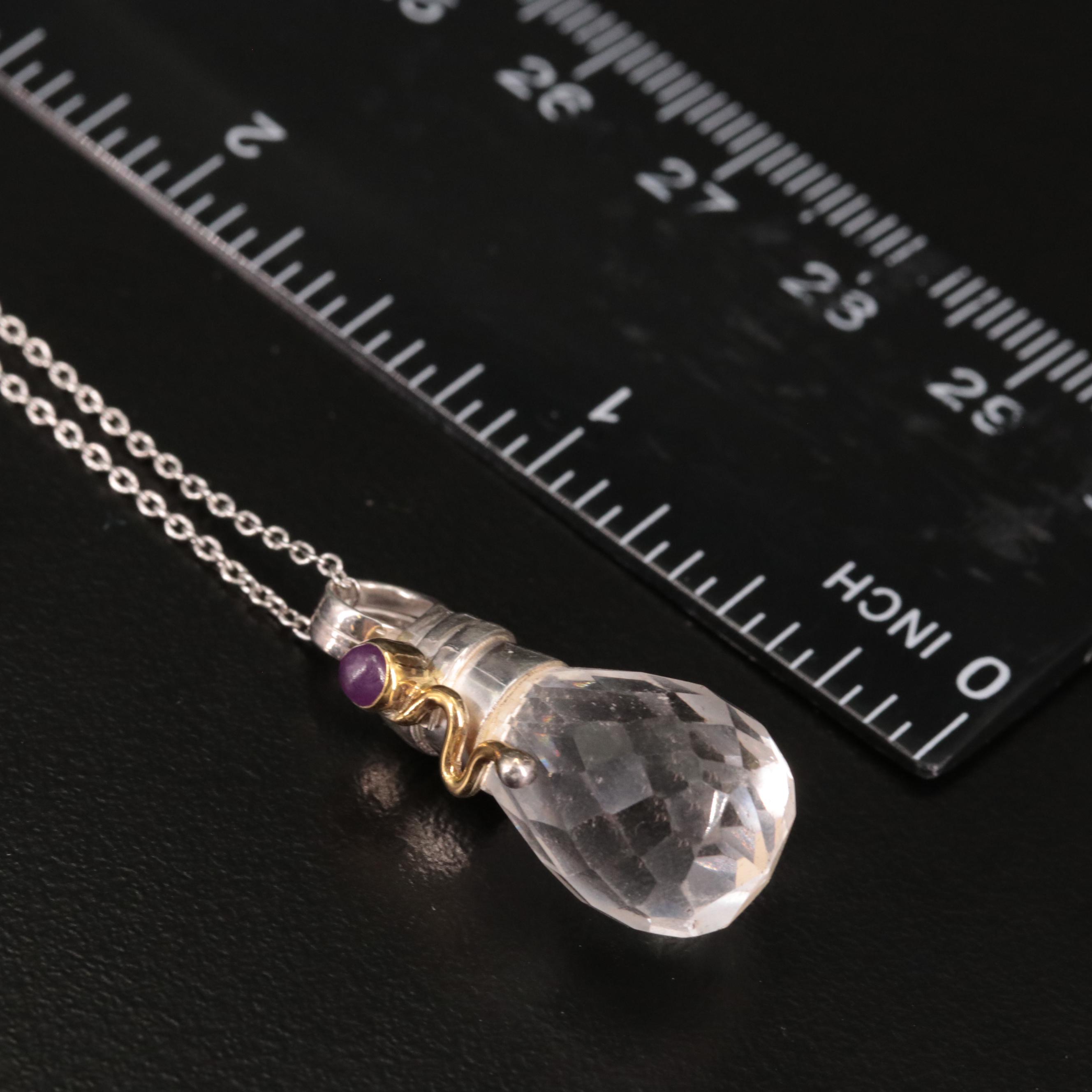 Sterling Rock Crystal Quartz and Ruby Pendant Necklace