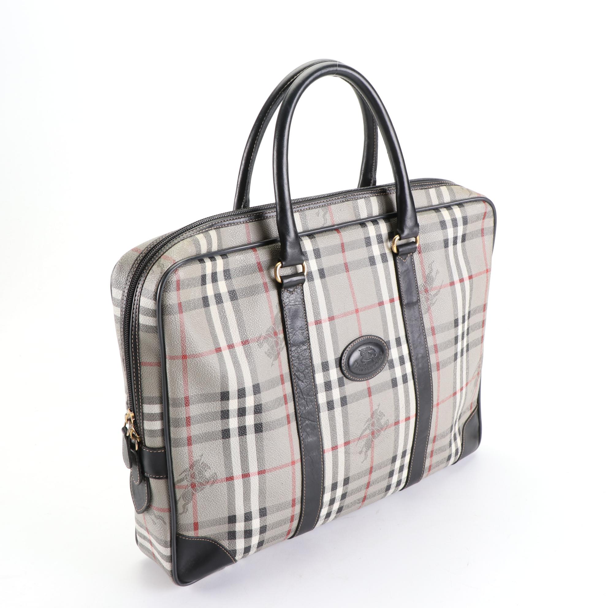 Burberrys Soft Briefcase in "Haymarket Check" Coated Canvas and Leather