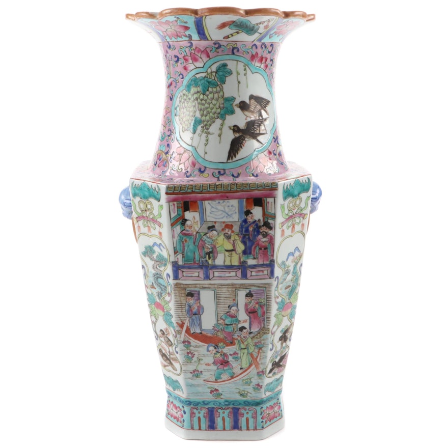 Chinese Famille Rose Genre Scene Enameled Porcelain Vase