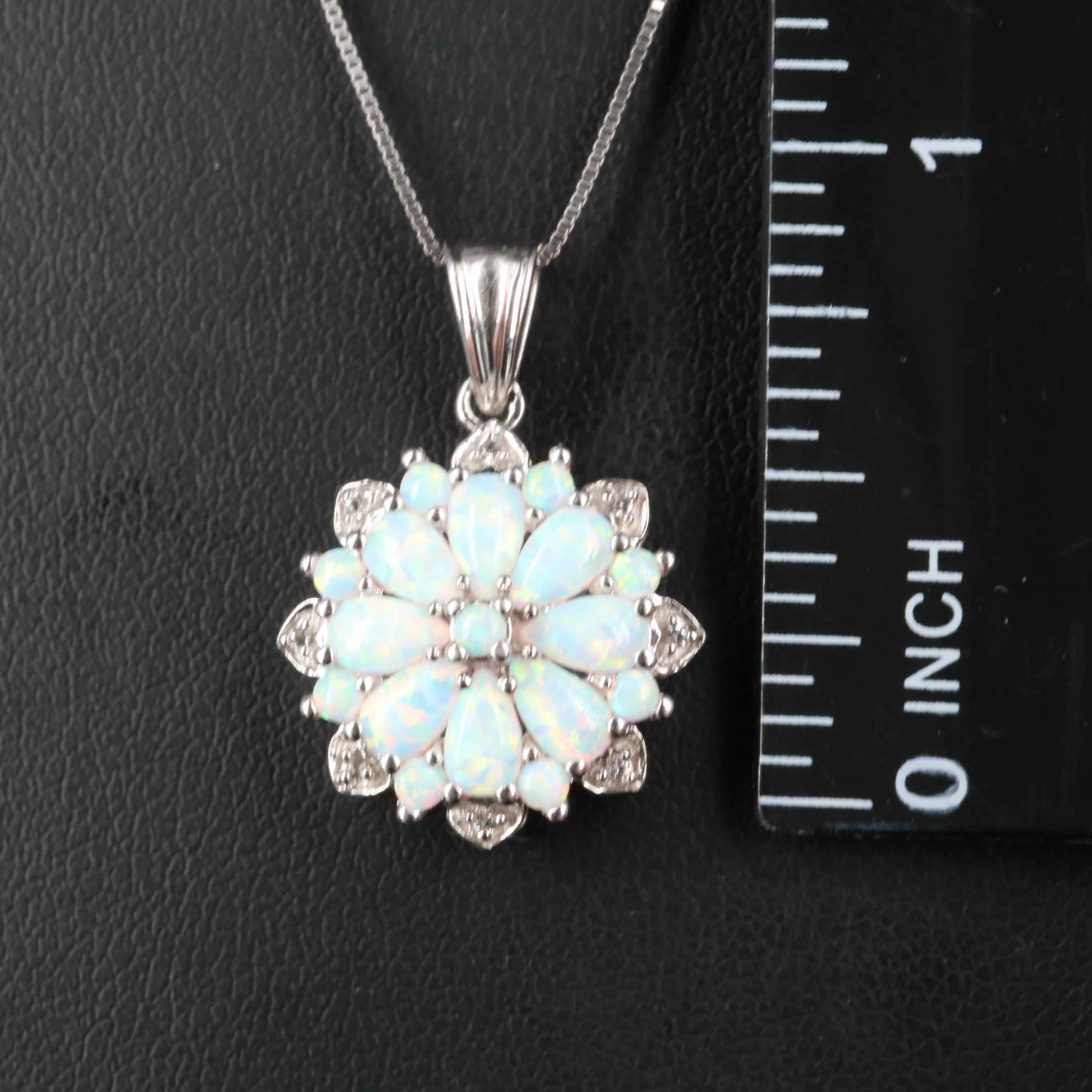 Sterling Opal and Topaz Cluster Pendant Necklace
