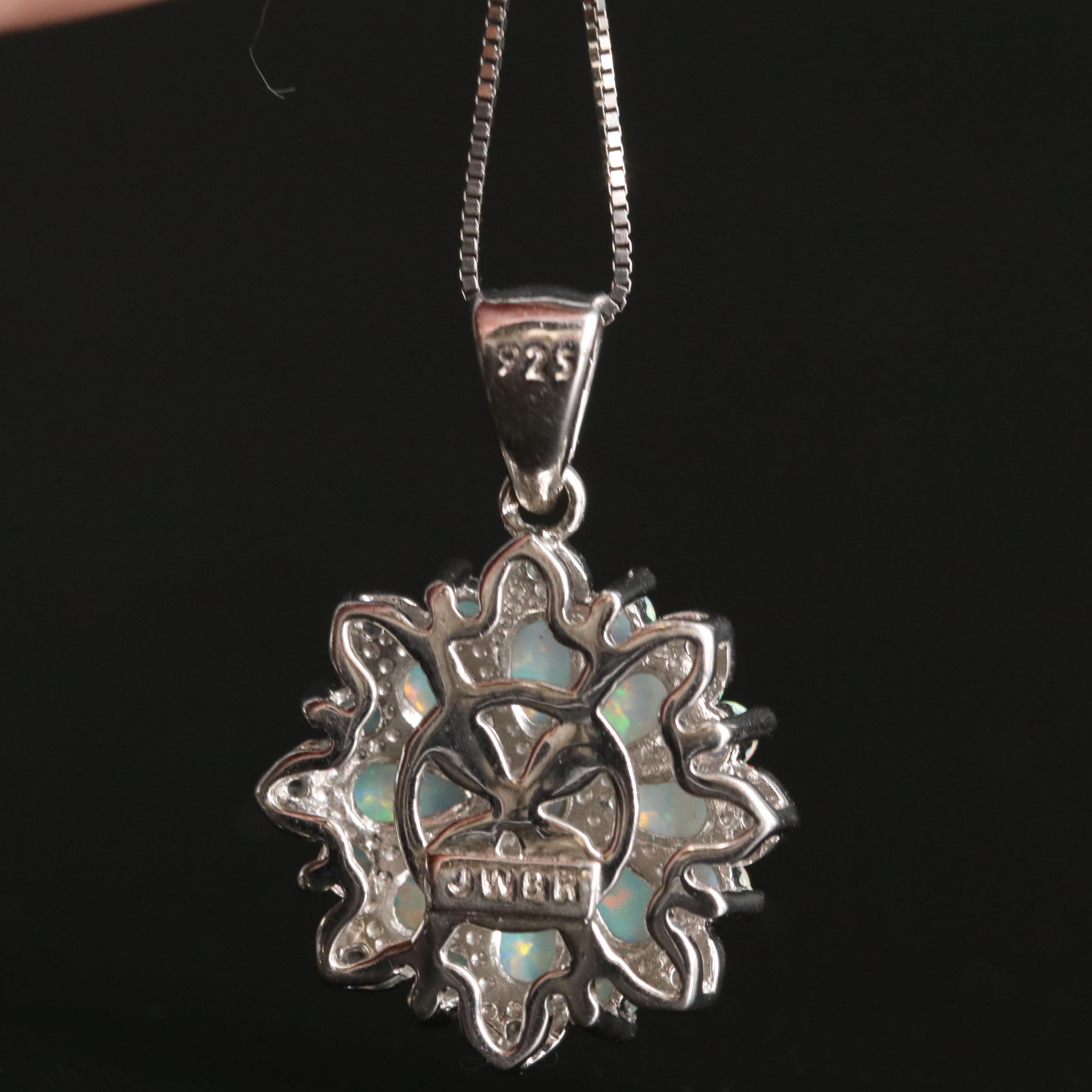 Sterling Opal and Topaz Cluster Pendant Necklace