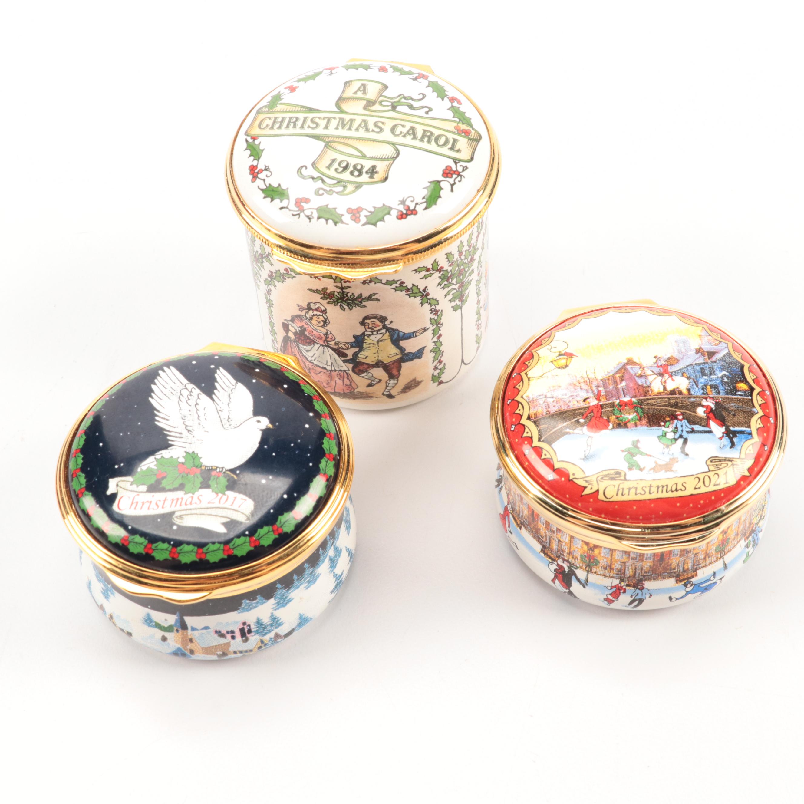 Halcyon Days Christmas Themed Enameled Porcelain Trinket Boxes