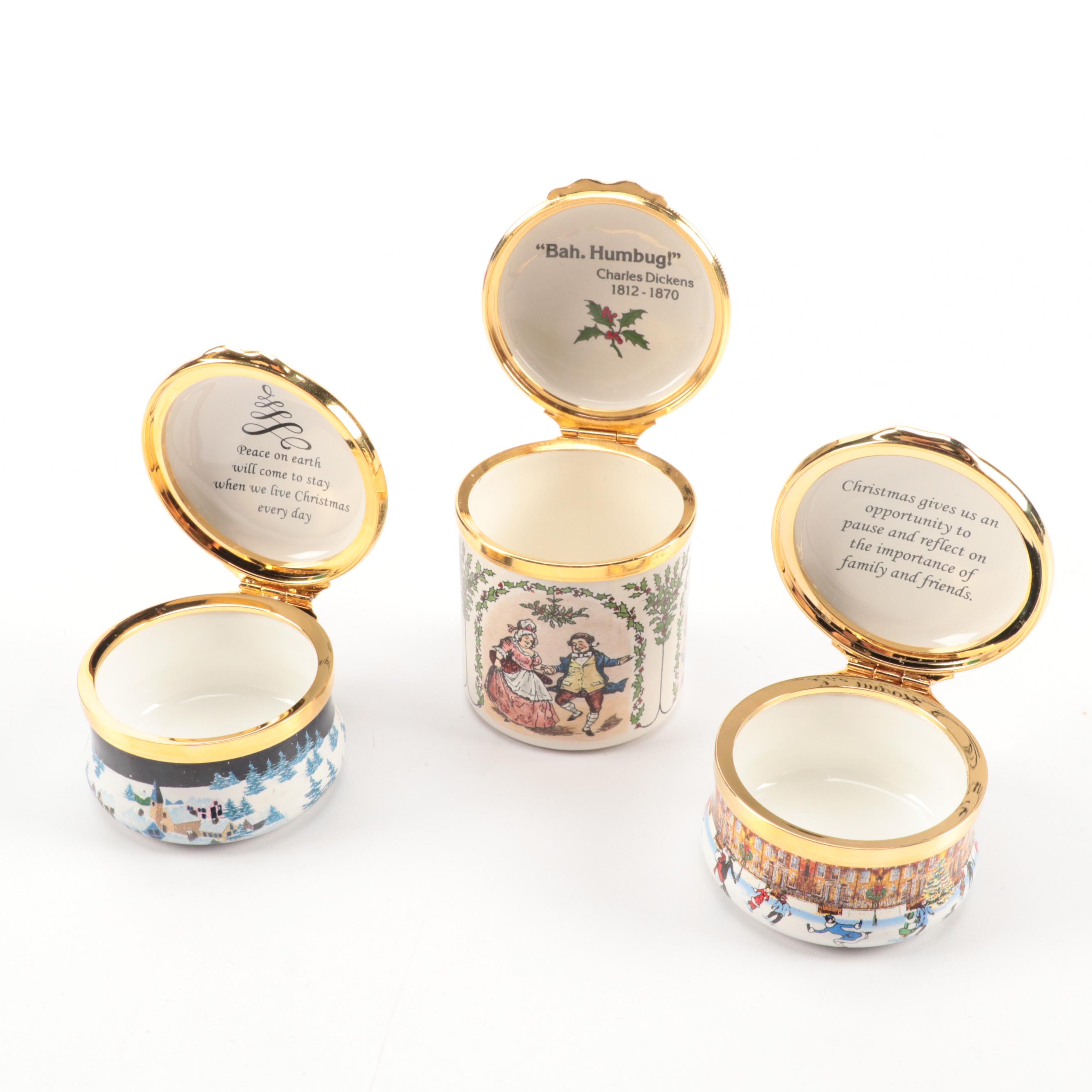 Halcyon Days Christmas Themed Enameled Porcelain Trinket Boxes
