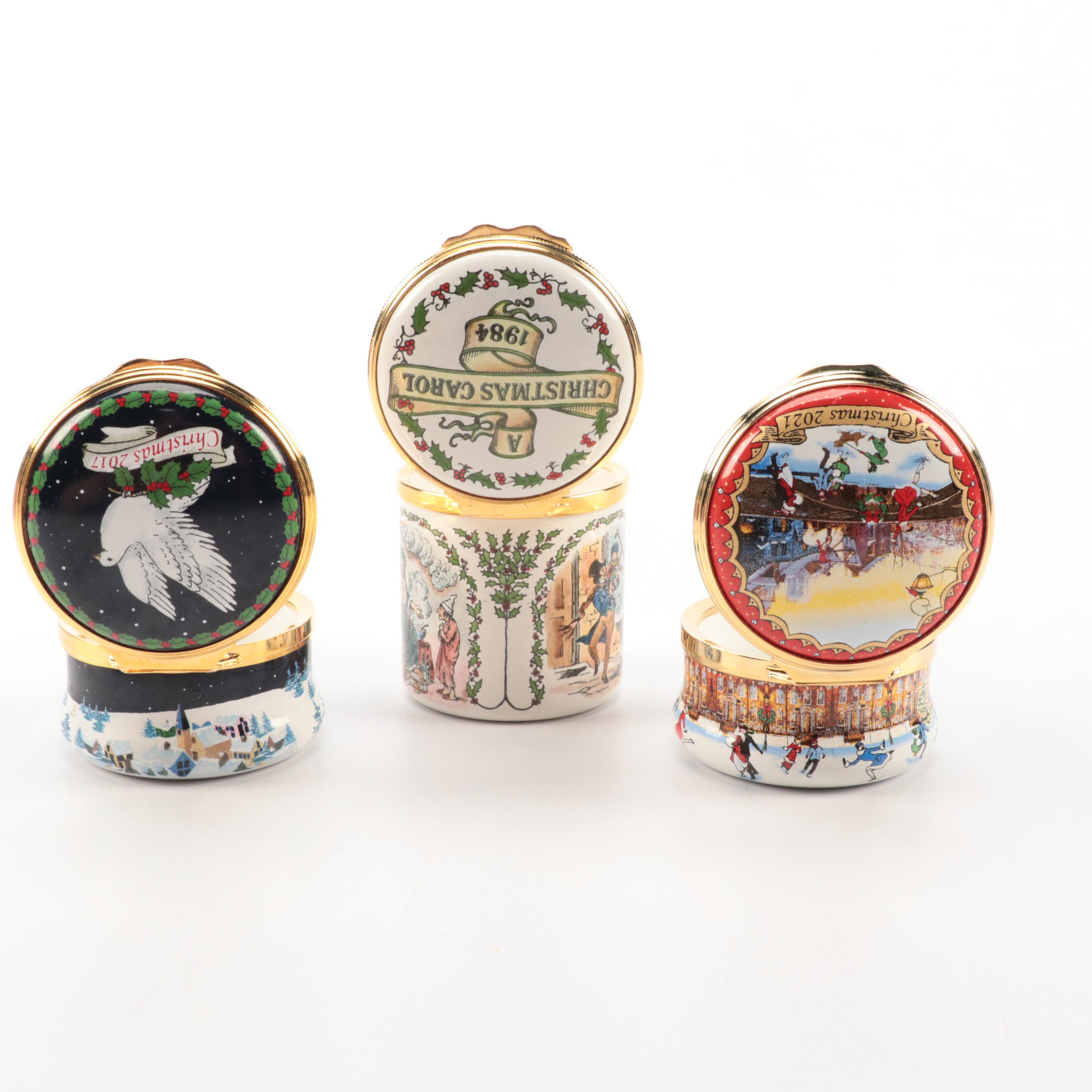 Halcyon Days Christmas Themed Enameled Porcelain Trinket Boxes