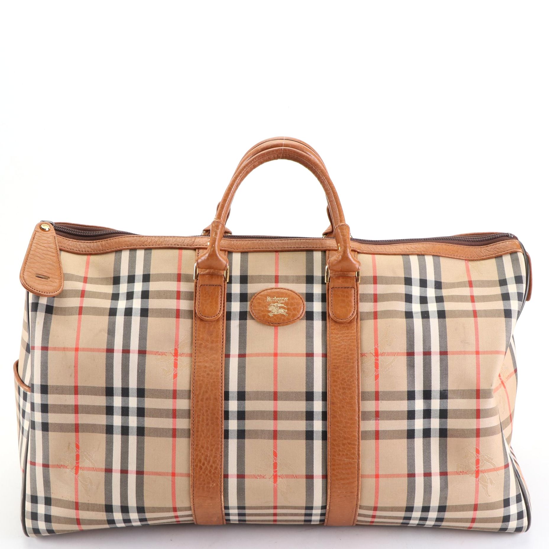 Burberrys Duffle Bag in "Haymarket Check" Canvas and Grained Leather