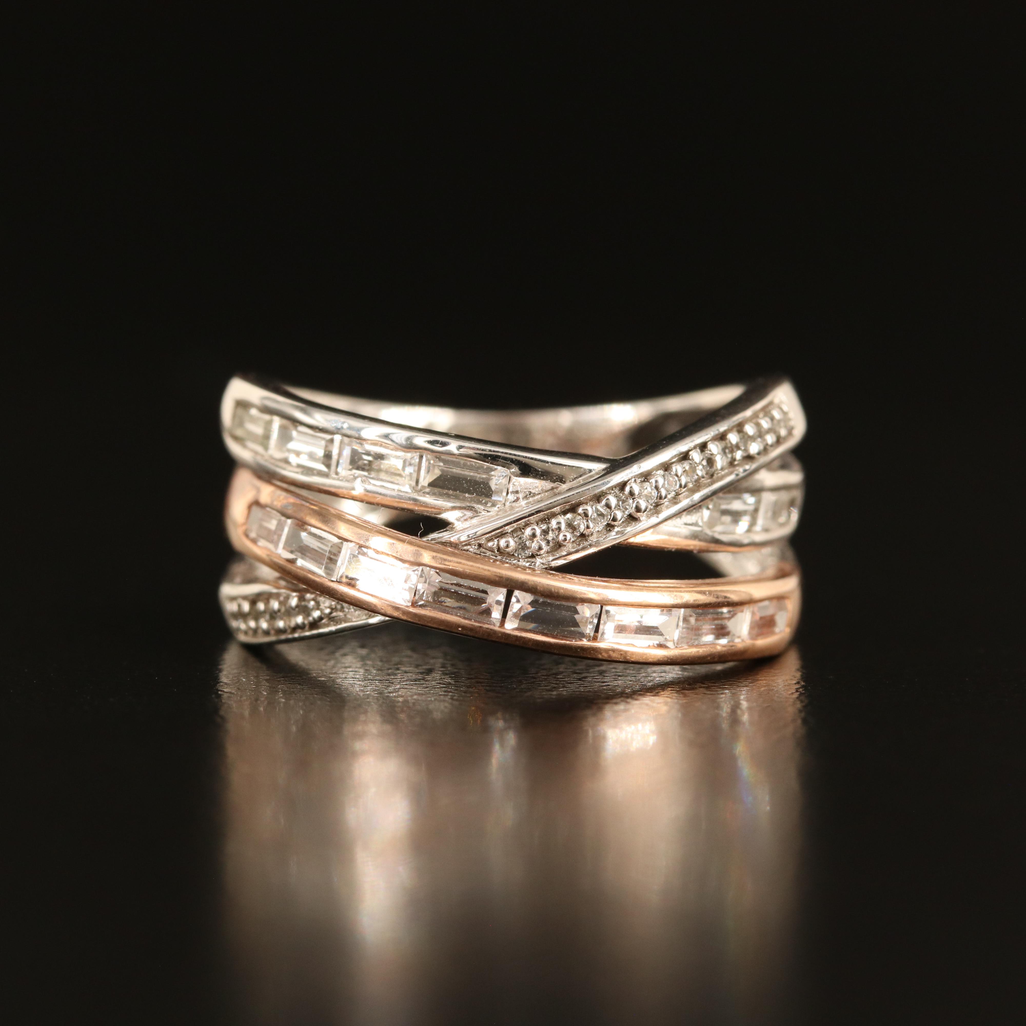 Sterling White Sapphire Crossover Ring with 10K Rose Gold Accent