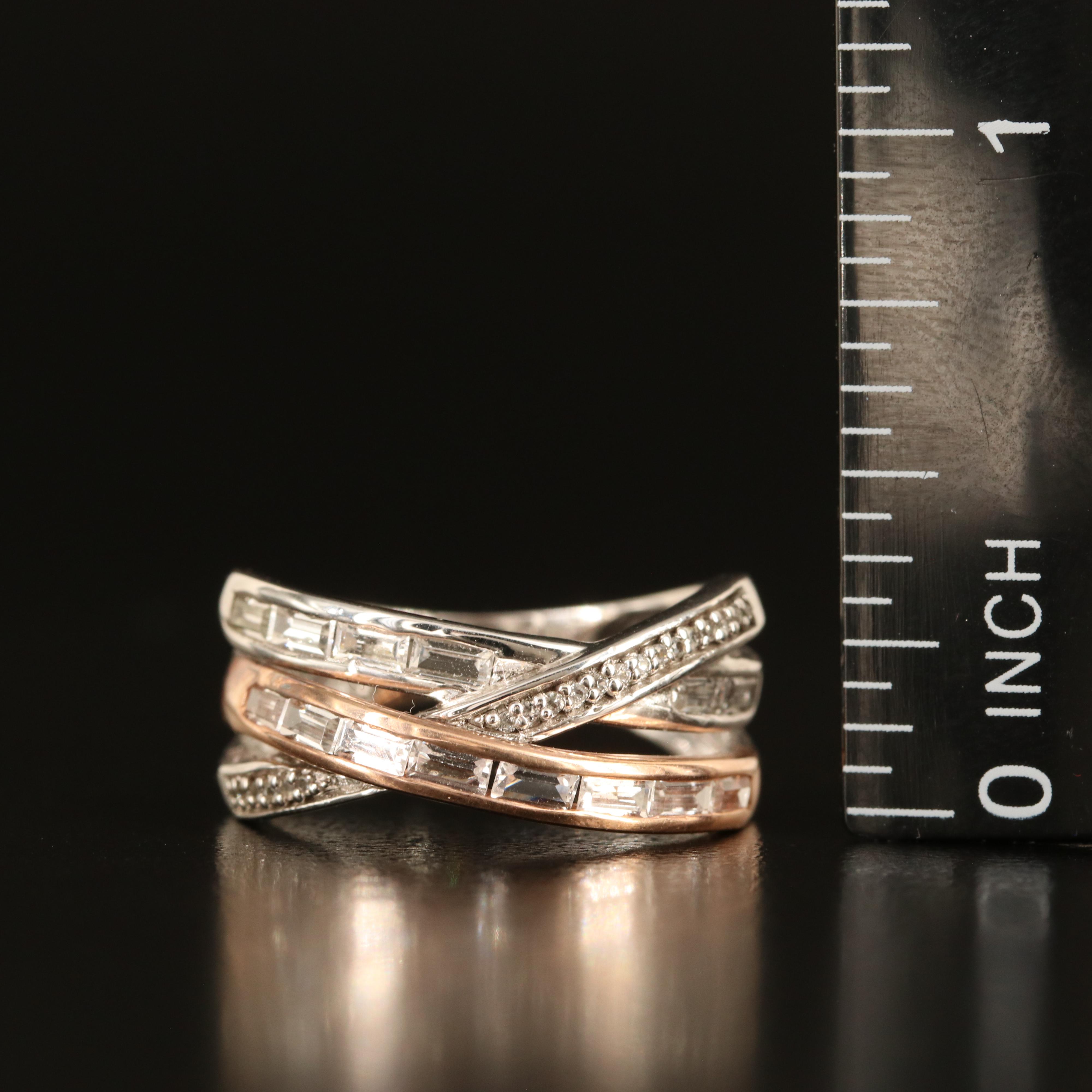 Sterling White Sapphire Crossover Ring with 10K Rose Gold Accent