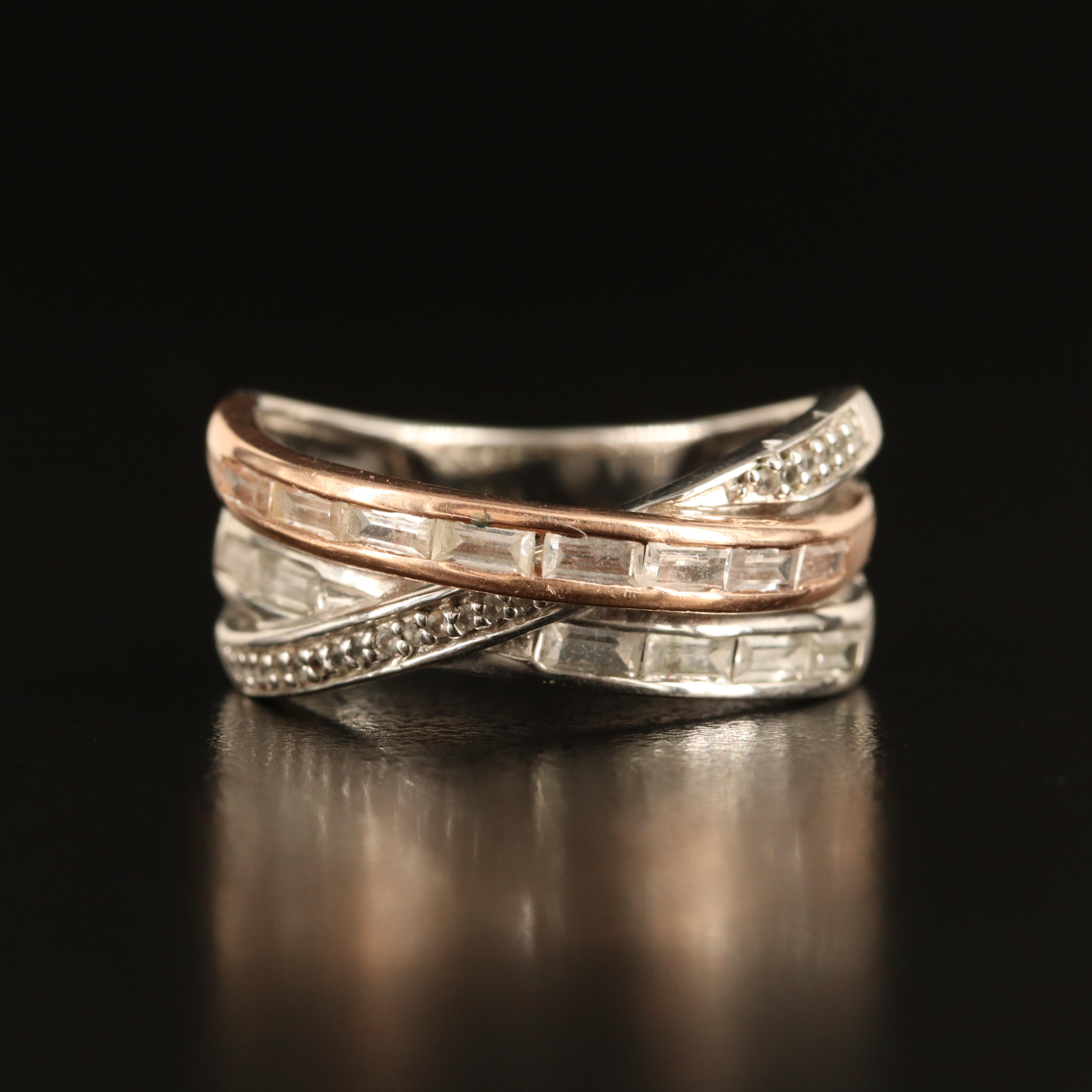 Sterling White Sapphire Crossover Ring with 10K Rose Gold Accent