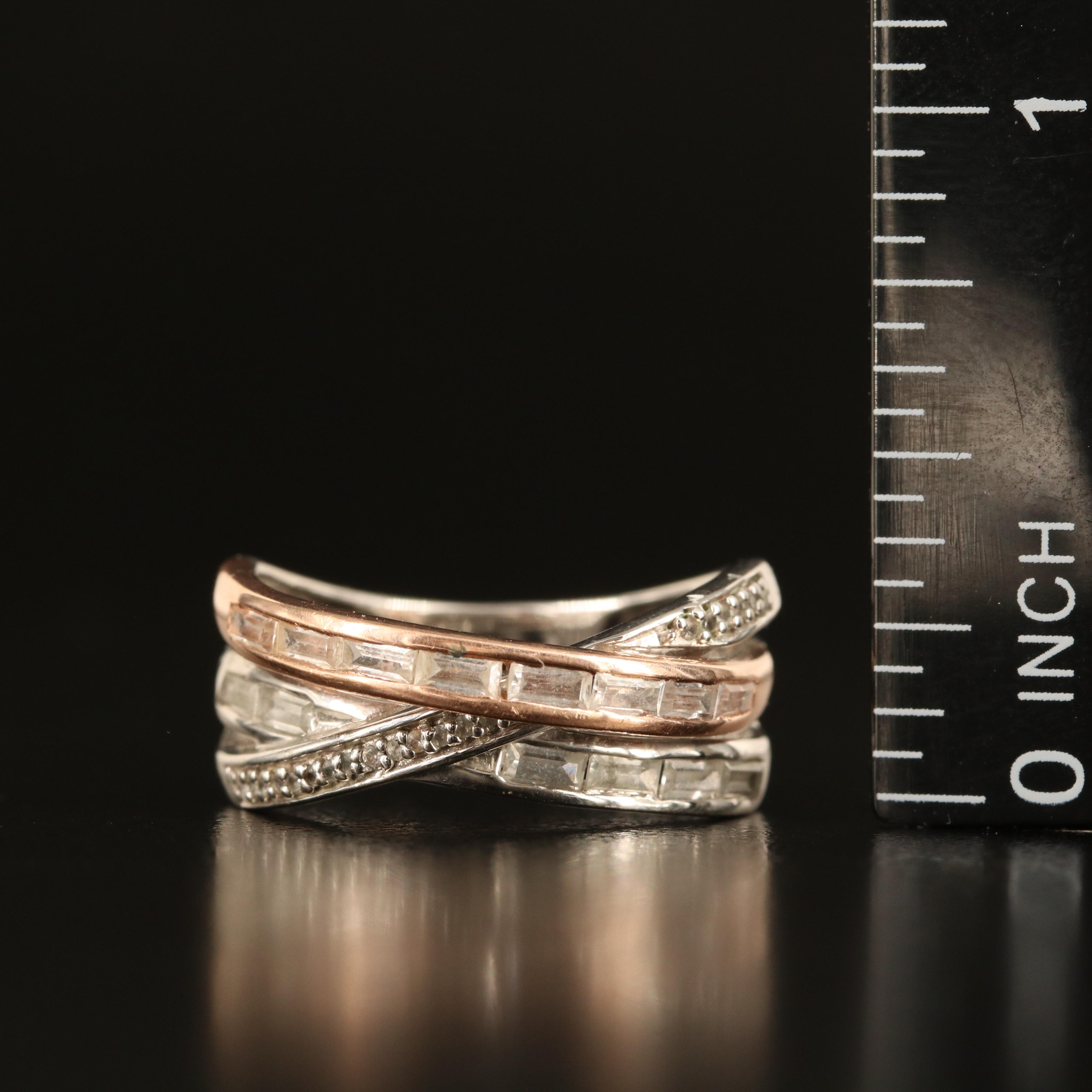 Sterling White Sapphire Crossover Ring with 10K Rose Gold Accent