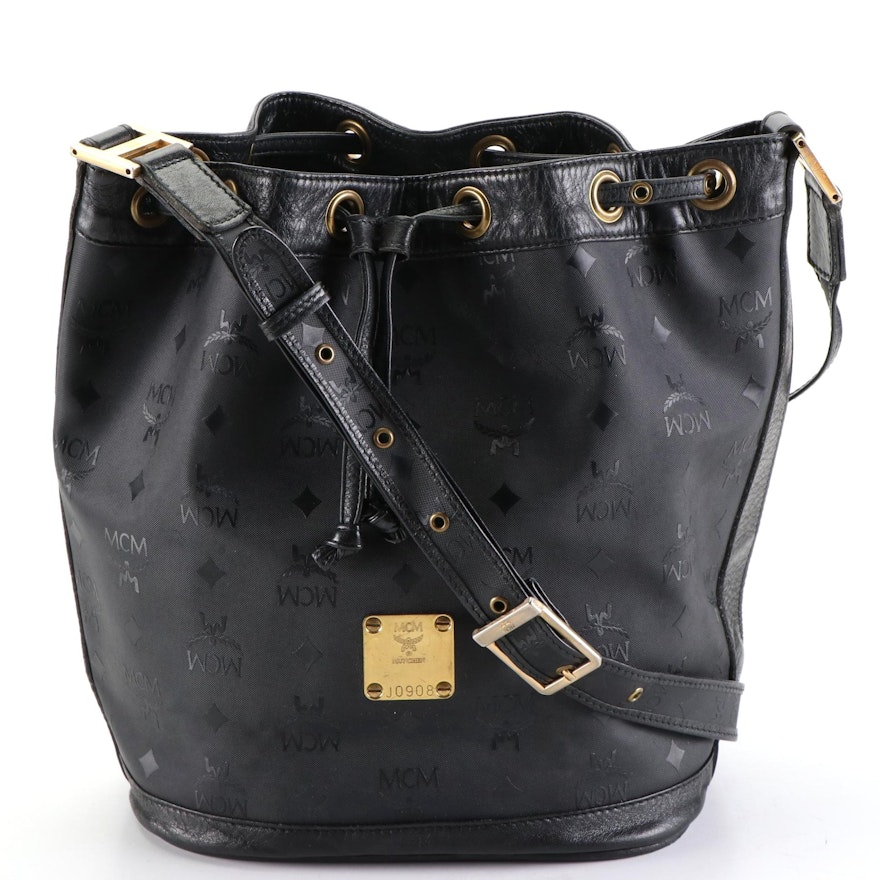 MCM Drawstring Bucket Bag in Black Visetos and Leather