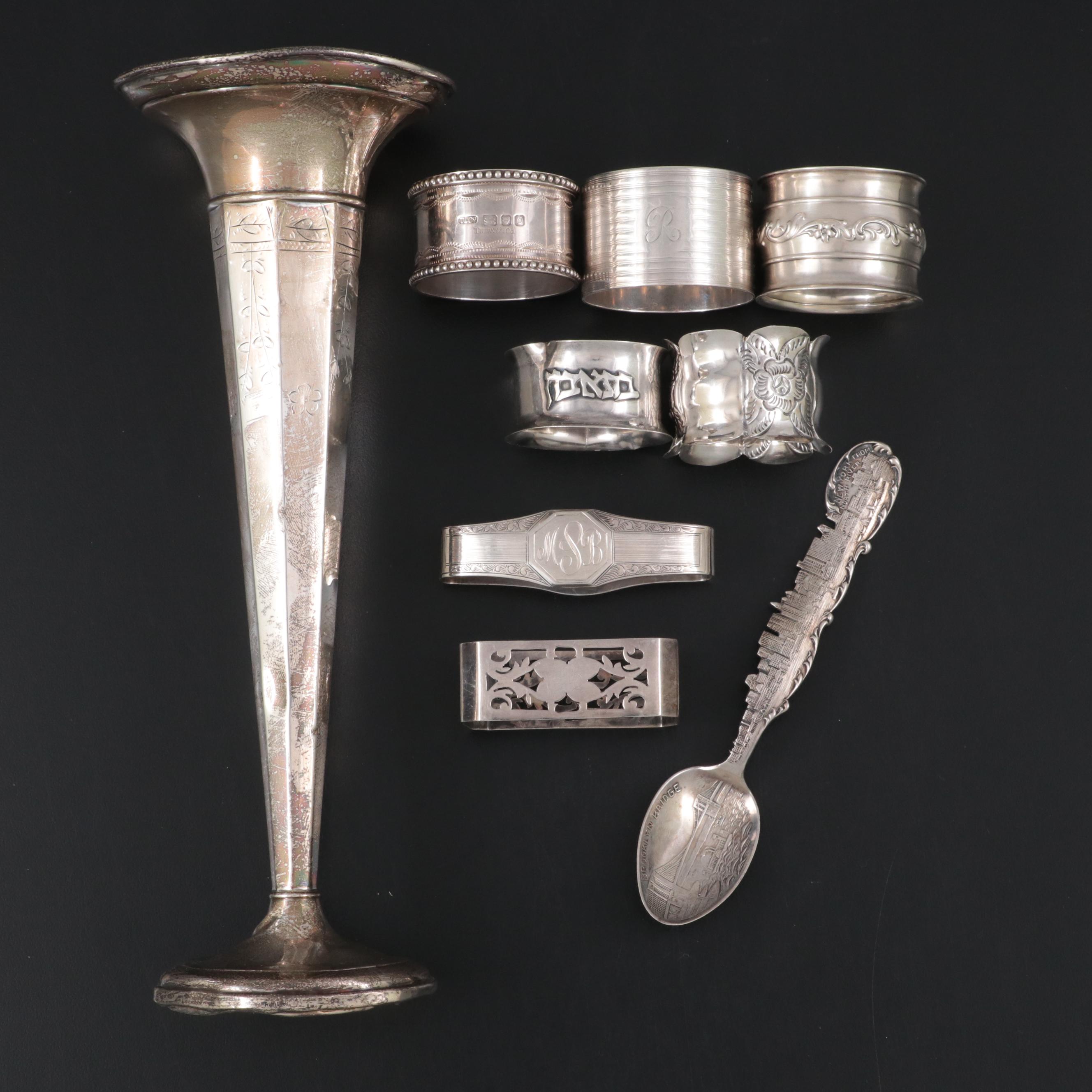 La Pierre Mfg. Co. Sterling Trumpet Vase with Sterling and Plate Napkin Rings