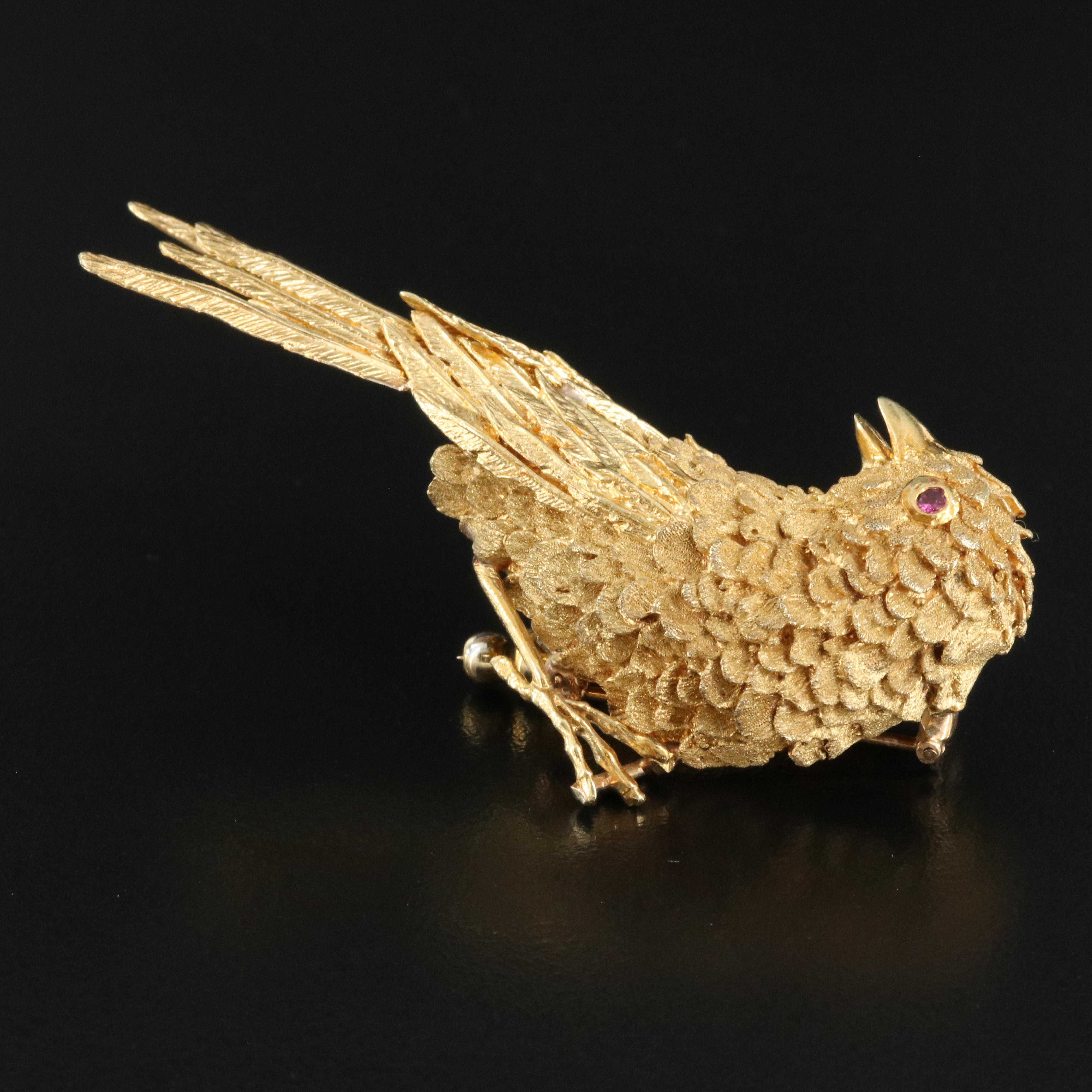 Vintage 18K Ruby Bird Brooch