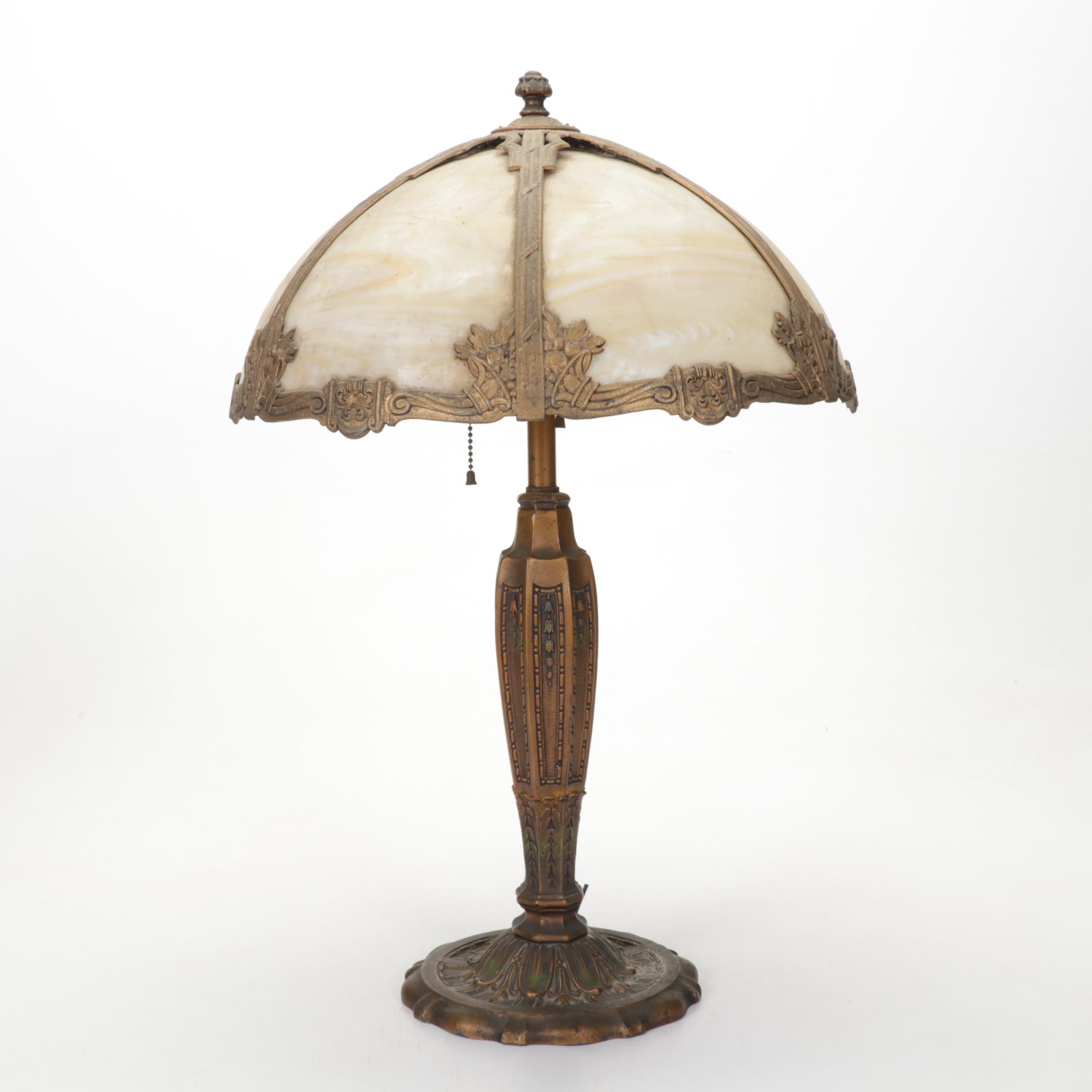 Wm. L. Gilbert Clock, Six-Panel Bent Slag Glass and Spelter Lamp, Oval Painting