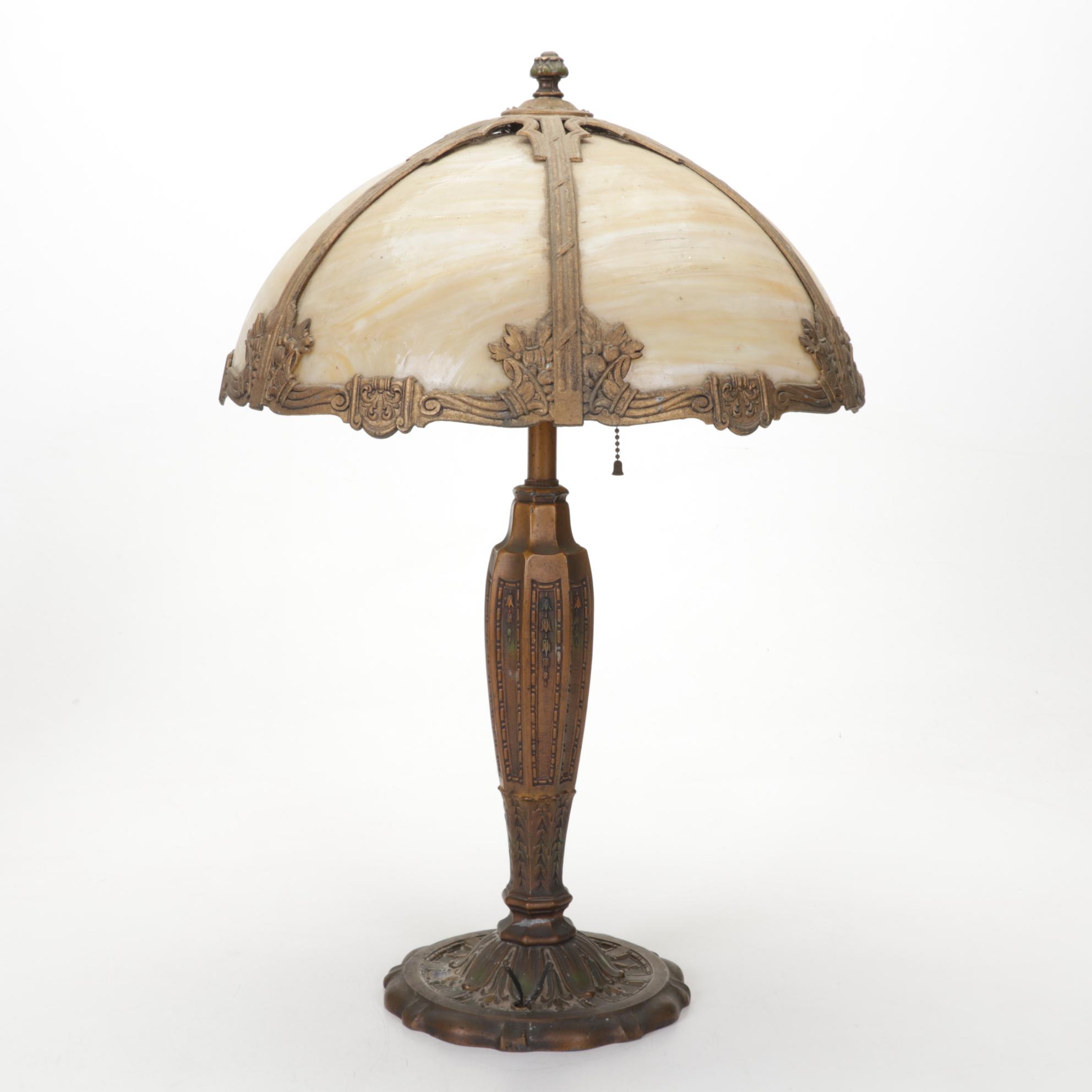 Wm. L. Gilbert Clock, Six-Panel Bent Slag Glass and Spelter Lamp, Oval Painting