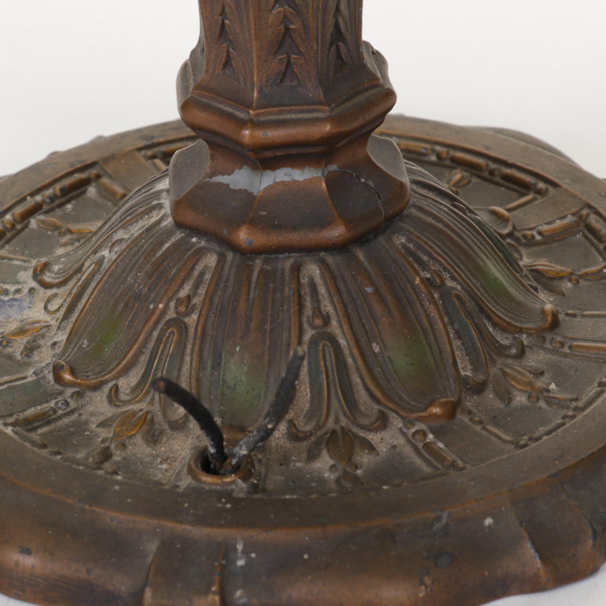 Wm. L. Gilbert Clock, Six-Panel Bent Slag Glass and Spelter Lamp, Oval Painting