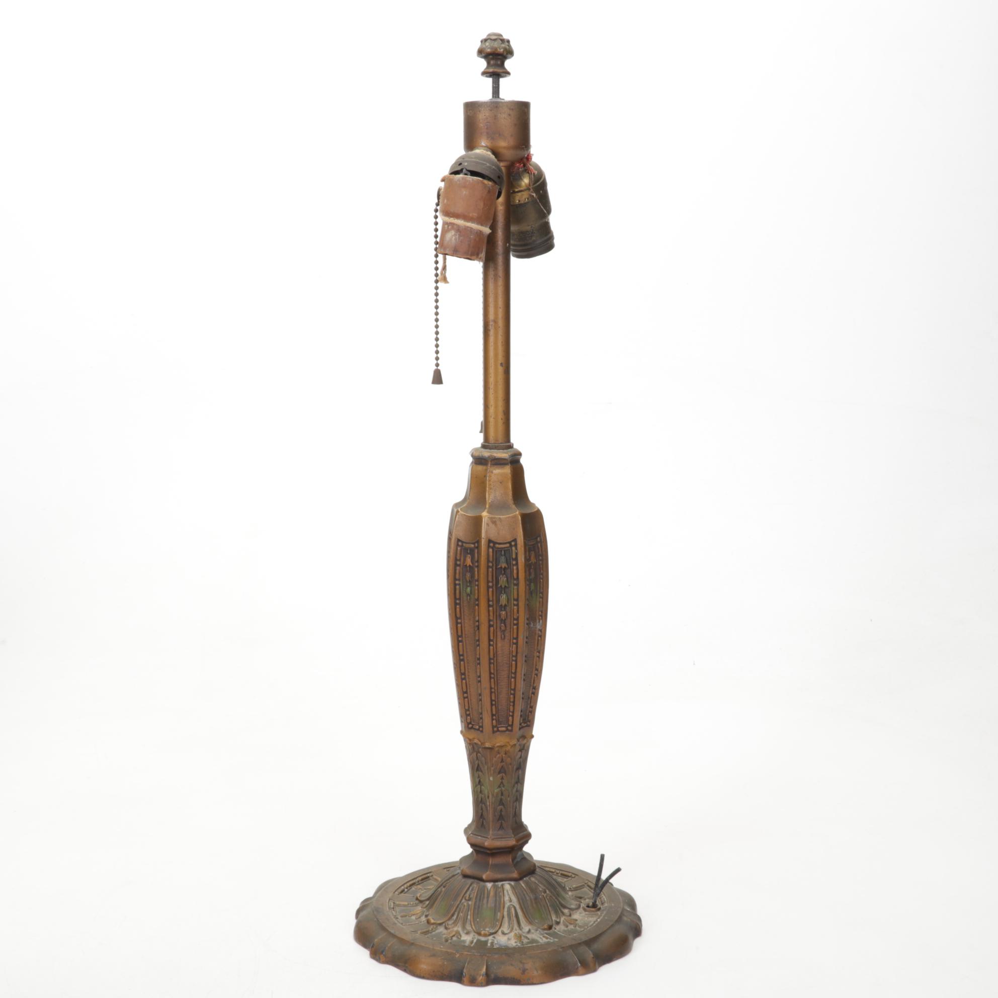 Wm. L. Gilbert Clock, Six-Panel Bent Slag Glass and Spelter Lamp, Oval Painting