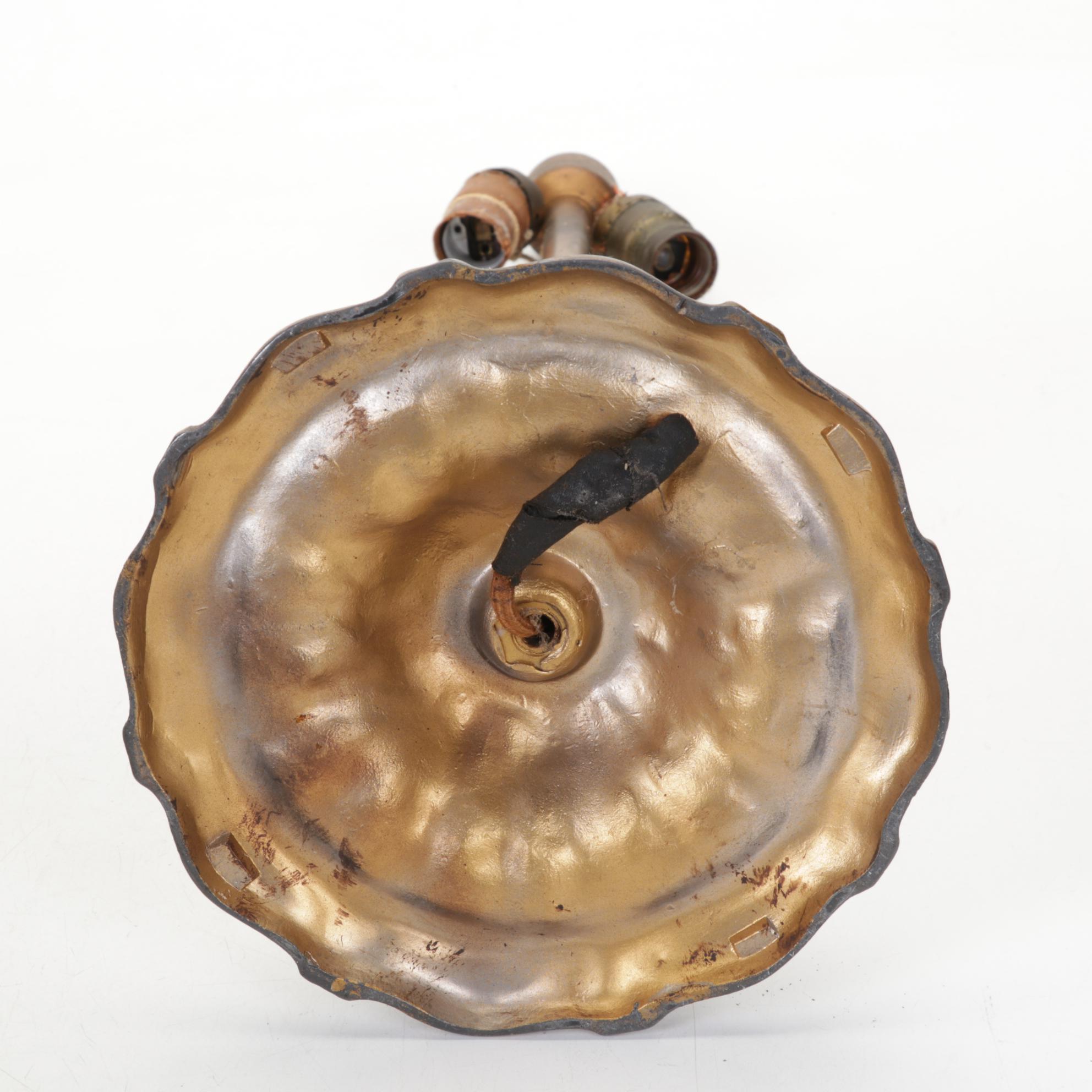 Wm. L. Gilbert Clock, Six-Panel Bent Slag Glass and Spelter Lamp, Oval Painting