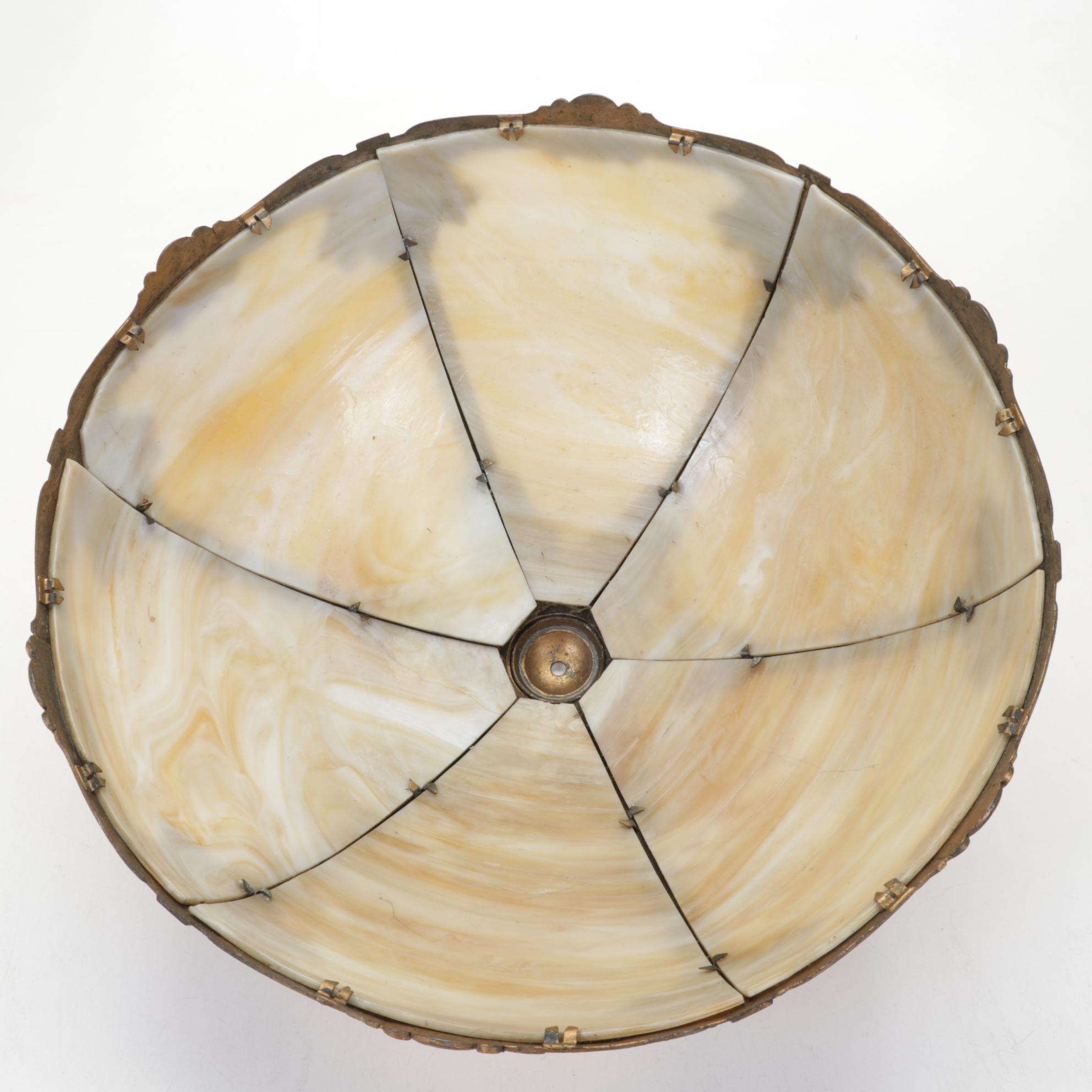 Wm. L. Gilbert Clock, Six-Panel Bent Slag Glass and Spelter Lamp, Oval Painting