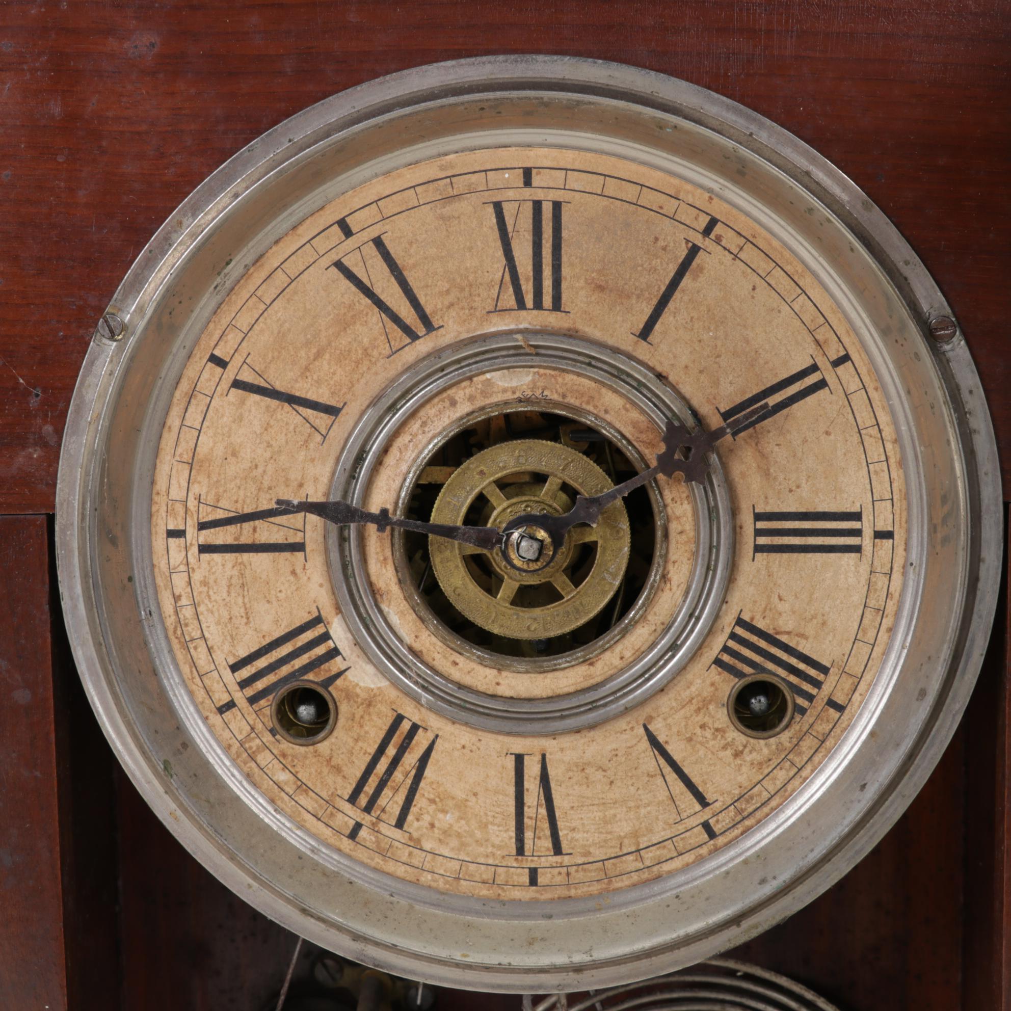 Wm. L. Gilbert Clock, Six-Panel Bent Slag Glass and Spelter Lamp, Oval Painting