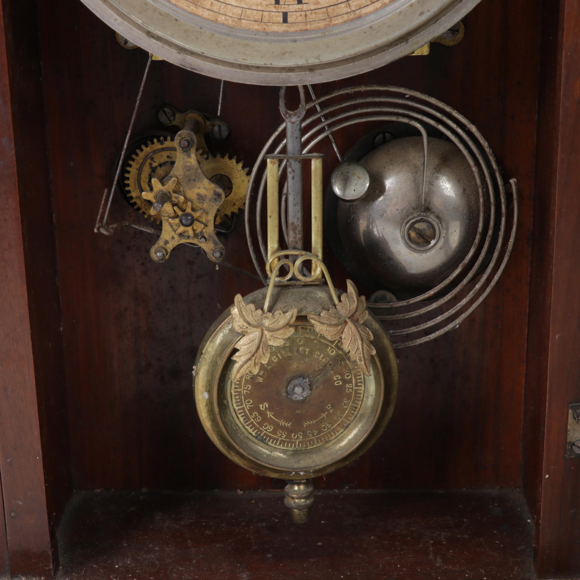 Wm. L. Gilbert Clock, Six-Panel Bent Slag Glass and Spelter Lamp, Oval Painting