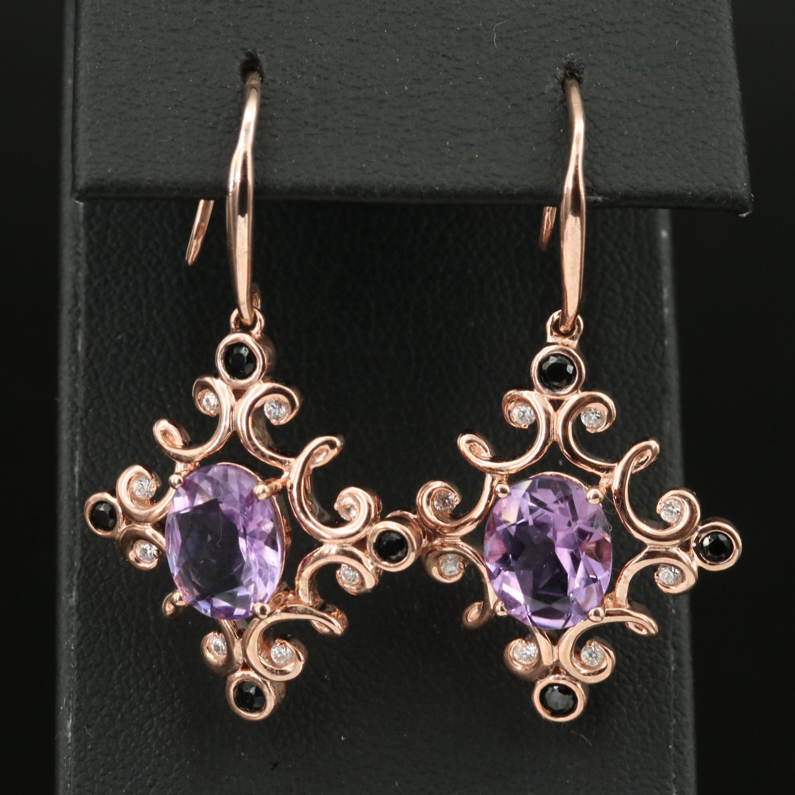 Sterling Amethyst and Zircon Scrollwork Earrings