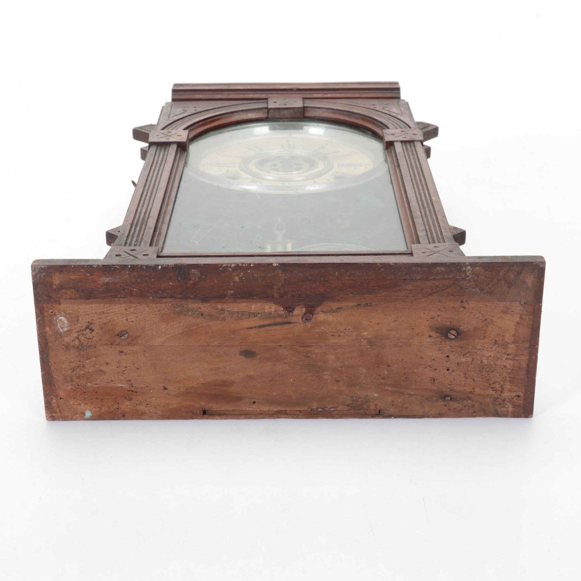 Wm. L. Gilbert Clock, Six-Panel Bent Slag Glass and Spelter Lamp, Oval Painting